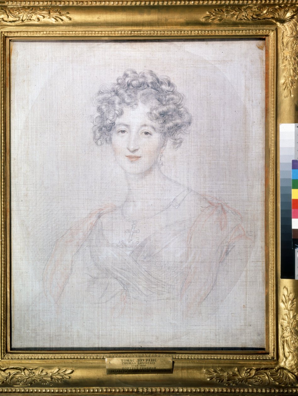 "伊丽莎白（伊丽扎维塔）-沃龙佐娃伯爵夫人肖像（1792-1856 年）"。托马斯-劳伦斯（1769-1830 年）1821 年钢笔画 莫斯科普希金博物馆 作者 托马斯·劳伦斯