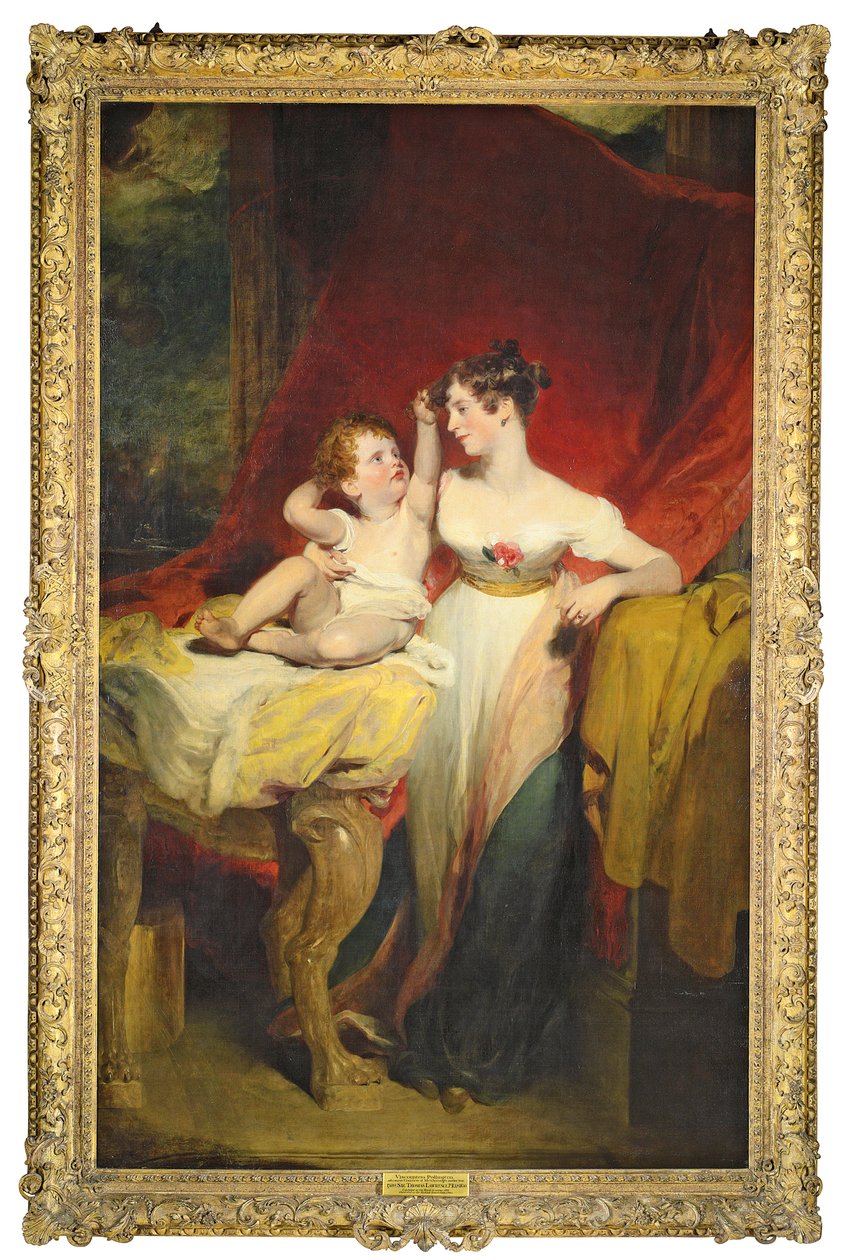 安妮（Viscountess Pollington）的肖像，后来的梅克斯伯勒伯爵夫人（卒于1870年），和儿子约翰·查尔斯（John Charles）（1810-99），后来的梅克斯伯勒伯爵第四代伯爵夫人，全长，她穿着白色连衣裙，玫瑰色的玫瑰 作者 托马斯·劳伦斯