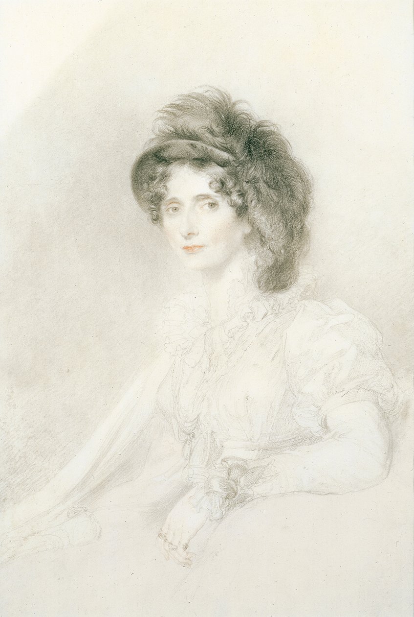 德文郡公爵夫人伊丽莎白的肖像（1758-1824），坐着，半身，戴着一顶大羽毛帽子（铅笔，纸上的黑色和红色粉笔） 作者 托马斯·劳伦斯