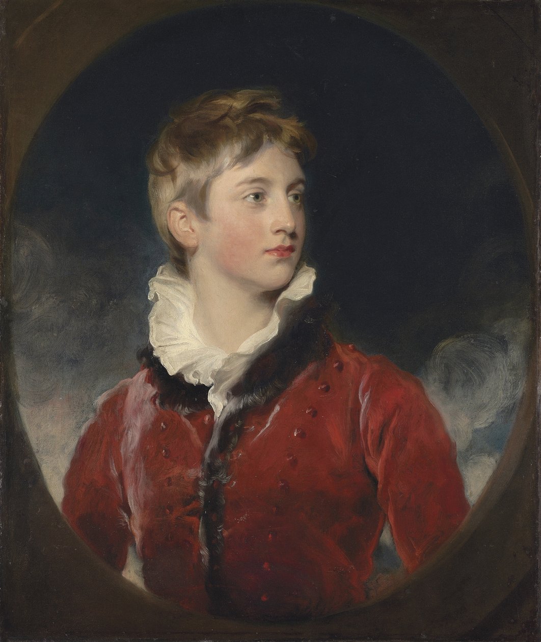弗雷德里克·威廉·斯图尔特（Frederick William Stewart）肖像，伦敦德里第4侯爵，KP，议员（1805-1872），一个半身，身穿红色上衣，假装成椭圆形的半身男孩（布面油画） 作者 托马斯·劳伦斯