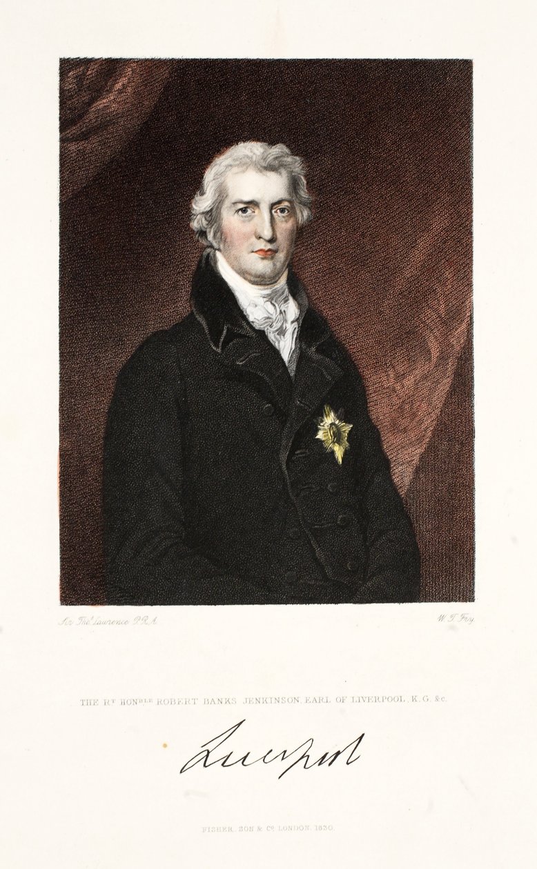 尊敬的Robert Banks Jenkinson，利物浦伯爵，KG和C.，酒吧。 1830年（手工彩色雕刻） 作者 托马斯·劳伦斯