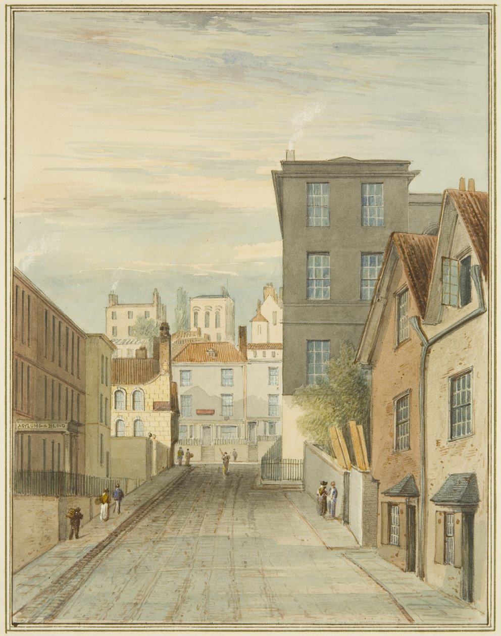 Magdalen (Lower Maudlin) Lane 的一部分，展示了医务室（纸上铅笔和水彩） 作者 罗伯汉长老托马斯·李森