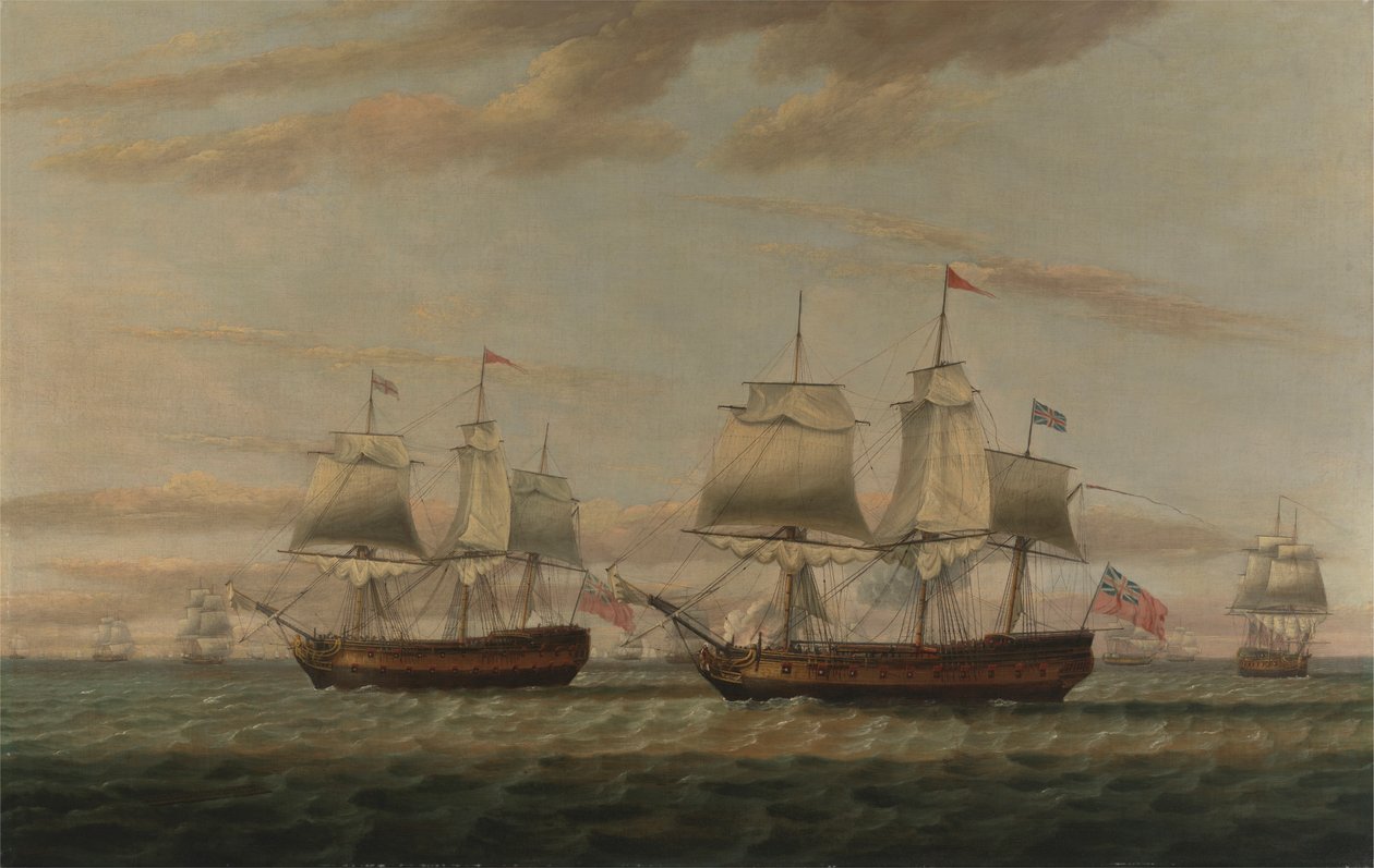 一名印第安人和一艘双层帆船相撞，据说是 Thomas Dumar Esq.乘坐英国皇家海军船只 "波特兰 "号运送背风群岛护航舰队，1776 年 作者 托马斯·鲁尼