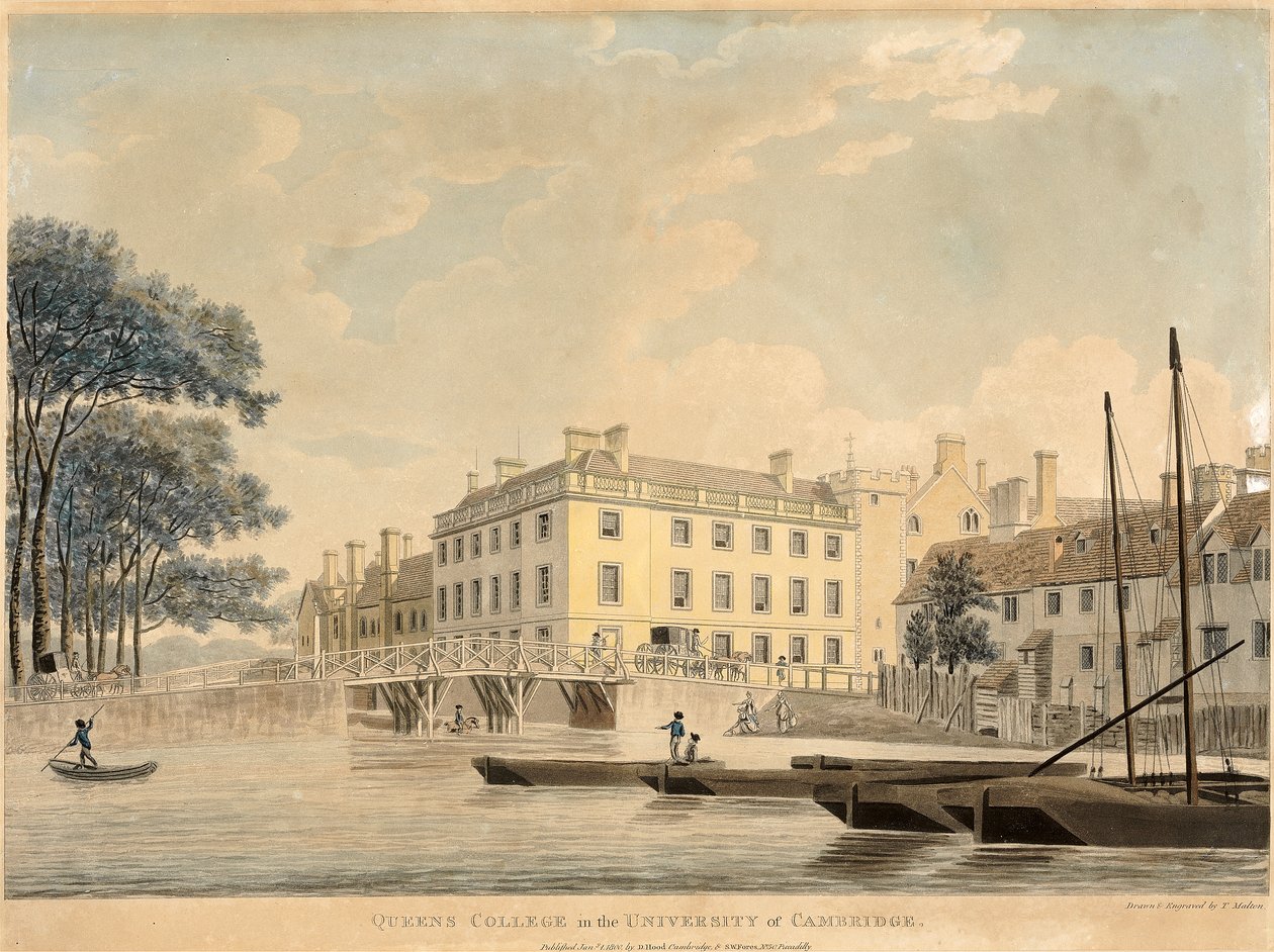 Queens College in the University of Cambridge, pub 1800 (hand coloured aquatint) 作者 托马斯·马尔顿