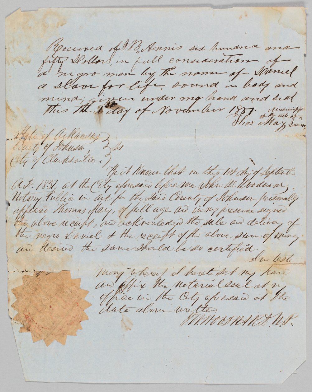 1851年11月1日，一个叫丹尼尔的人对杰罗姆-B-安尼斯的销售账单。 作者 托马斯·梅
