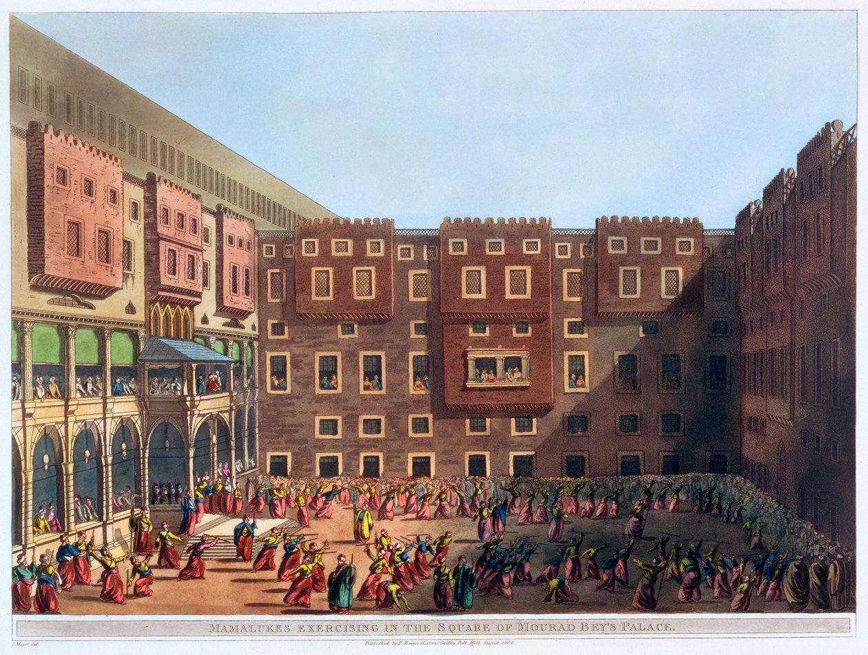 在Mourad Bey宫殿广场上锻炼的Mamelukes》，埃及开罗，1802年 作者 托马斯·米尔顿