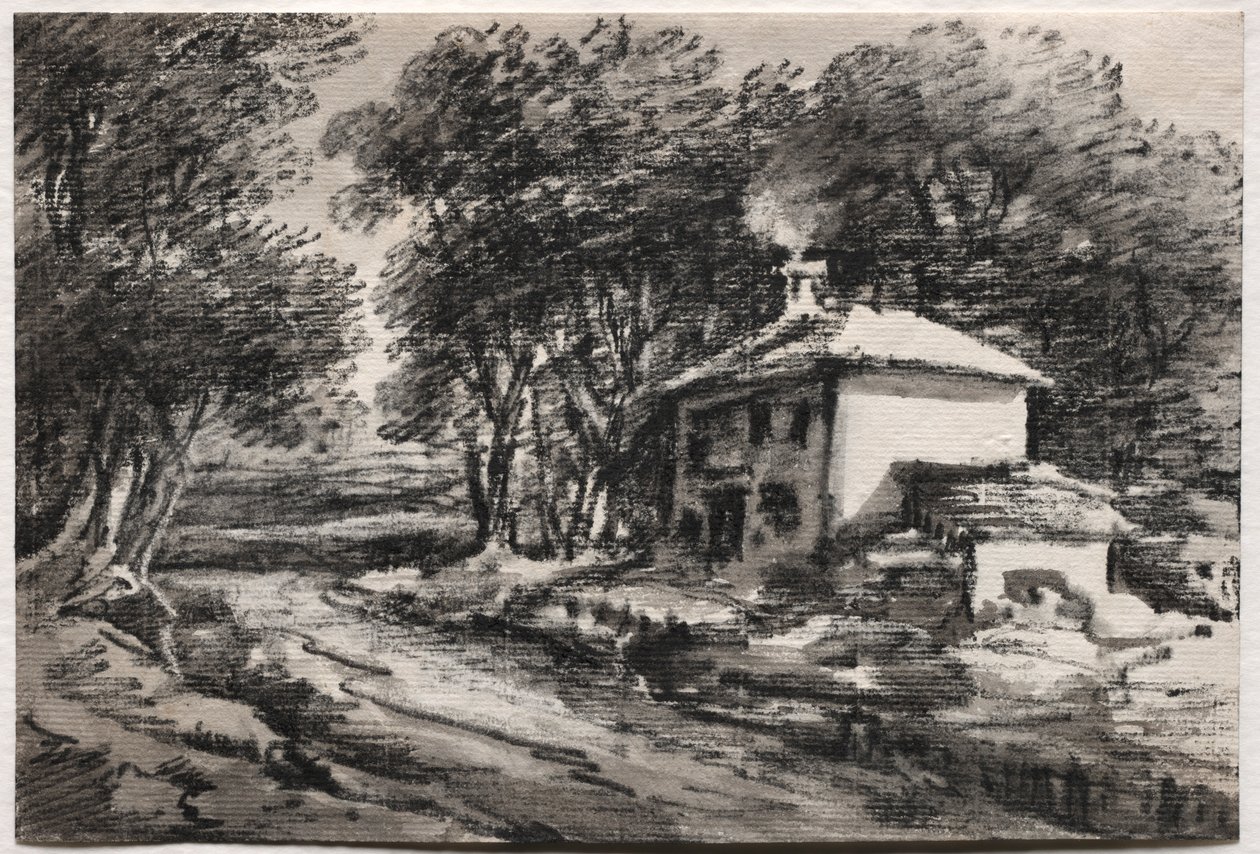 景观与小屋直，c。 1820年代。 作者 托马斯·蒙罗