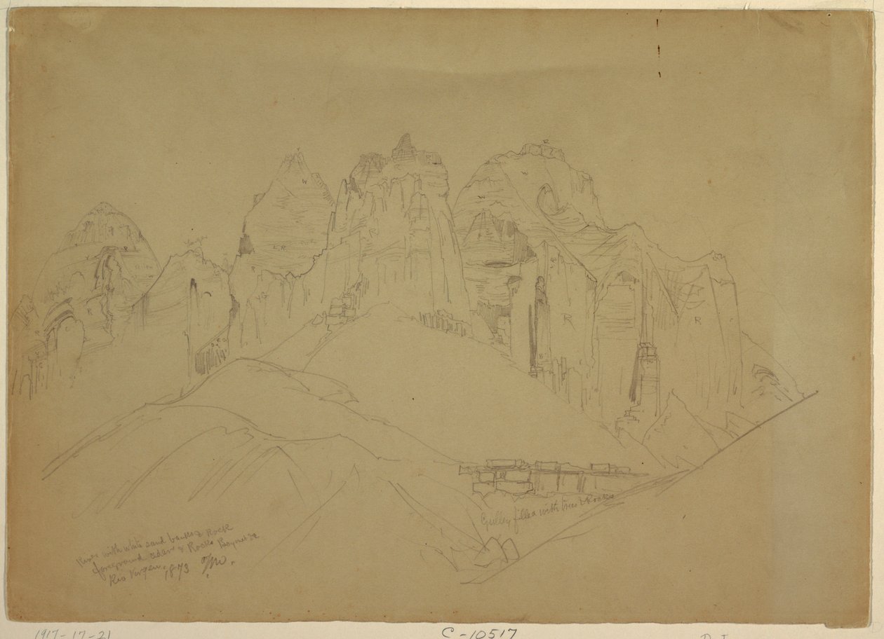 素描，有大型岩层的里约维尔京河，1873 年 作者 托马斯·莫兰