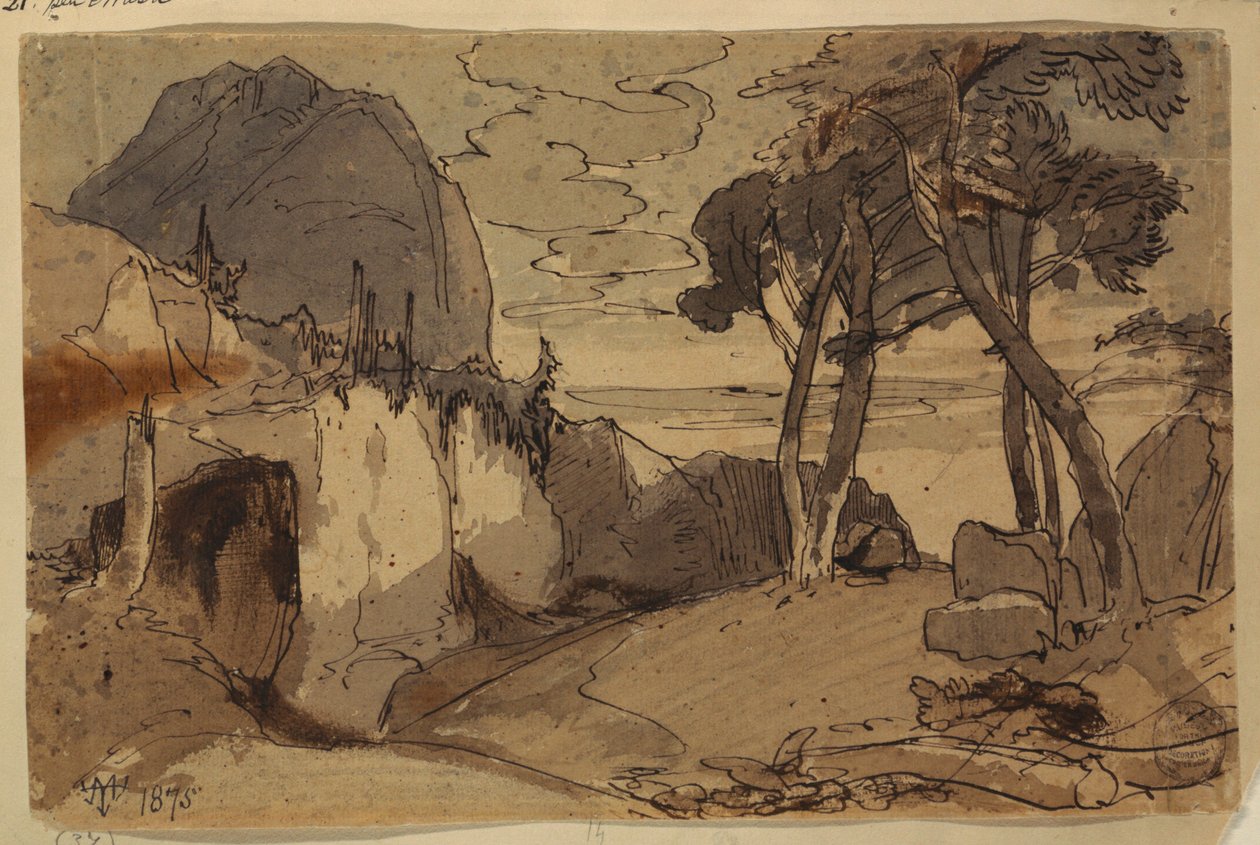 素描，山景中的道路，1875 年 作者 托马斯·莫兰