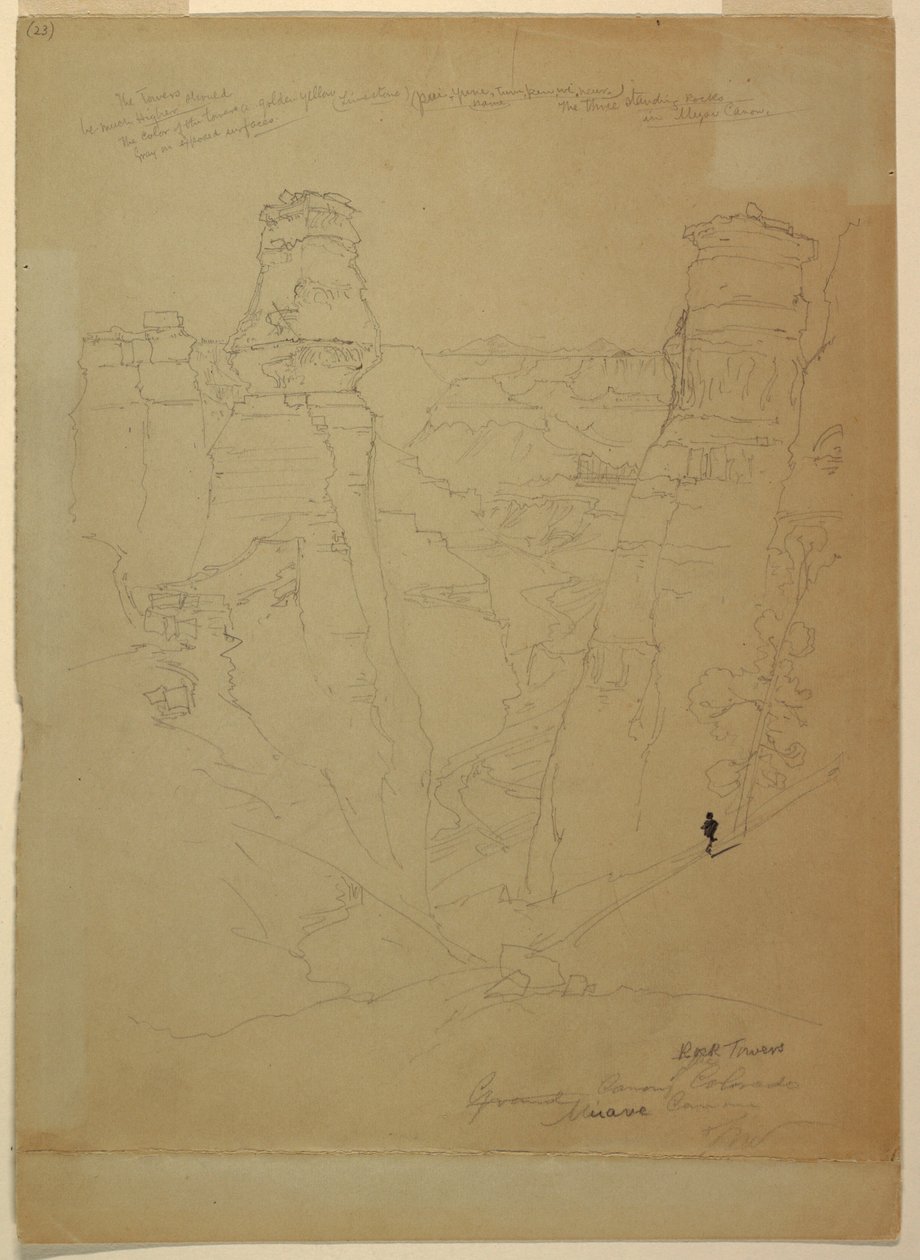 绘图，科罗拉多州穆阿夫峡谷的岩石塔，1873 年 作者 托马斯·莫兰