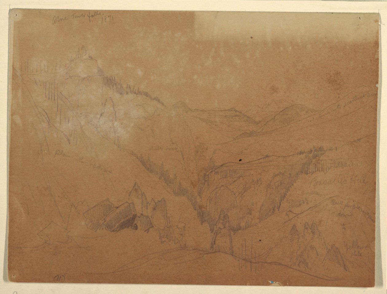 绘图，黄石公园，塔瀑布上方，1871 年 作者 托马斯·莫兰