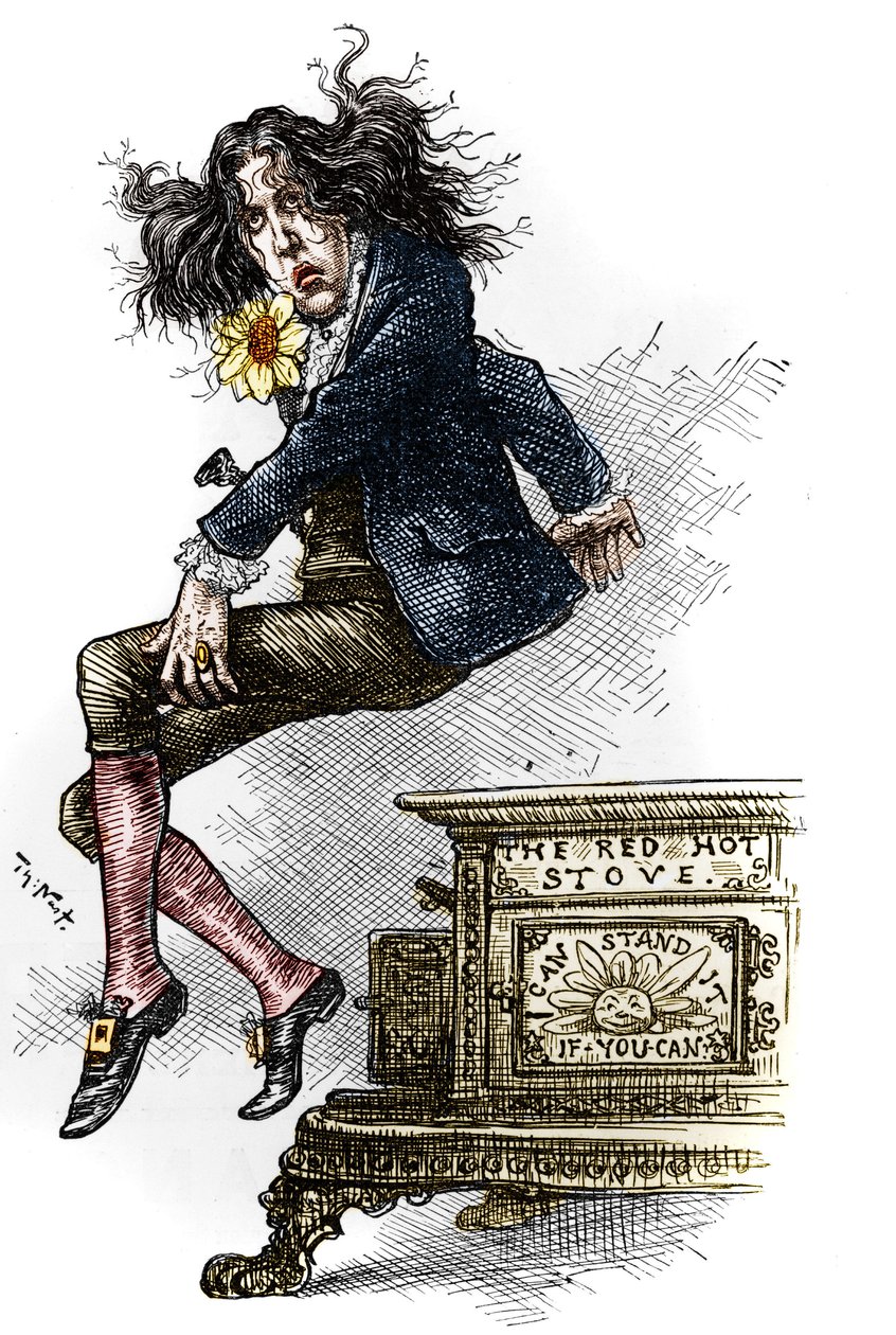奥斯卡-王尔德（1854-1900）的漫画，穿着花花绿绿的衣服，1882年他在美国旅行时所作。托马斯-纳斯特（1840-1902）在9月9日的 "哈珀周刊 "上的画作 作者 托马斯·纳斯特