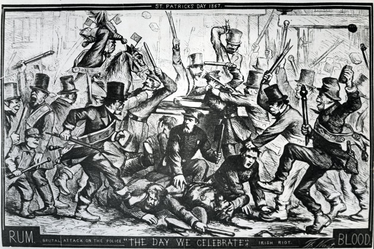卡通描绘1867年圣帕特里克节纽约发生的骚乱，发表于1867年4月6日的哈珀周刊（木版画） 作者 托马斯·纳斯特