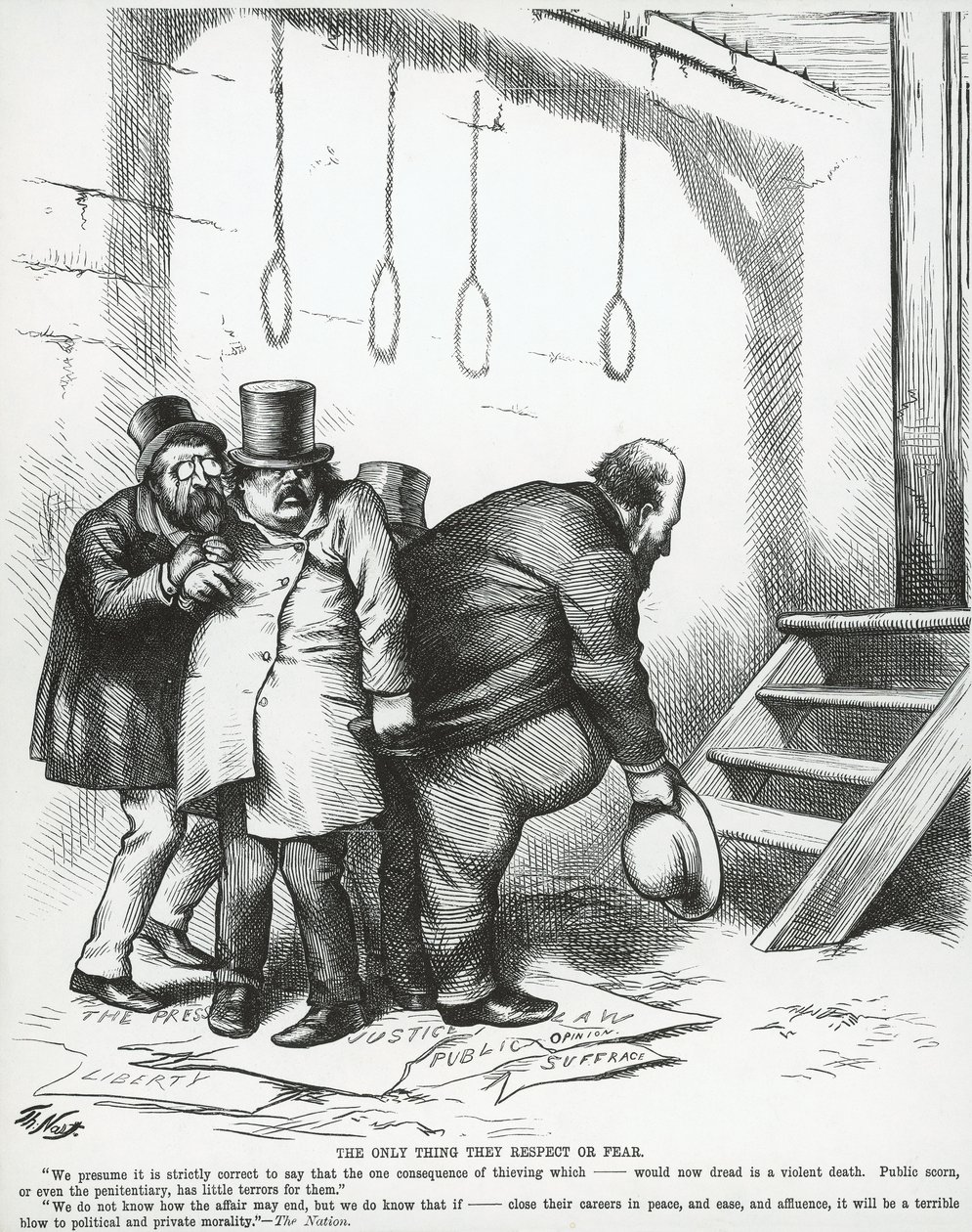 他们唯一尊重的恐惧，来自“哈珀周刊”，1871 年 10 月 21 日（版画）威廉 M.“老板”花呢拥抱塞缪尔 J.蒂尔登的身影，来自“哈珀周刊” 作者 托马斯·纳斯特