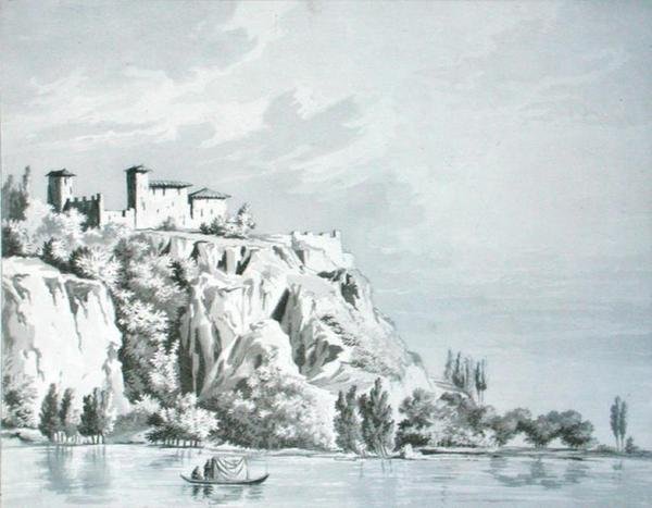 马焦雷湖岸边的安盖拉城堡，位于辛普隆山口，插图来自T. Bruun Neergaard的《意大利北部的皮托里斯克和历史之旅》。 作者 托马斯·诺德（Thomas Naudet）