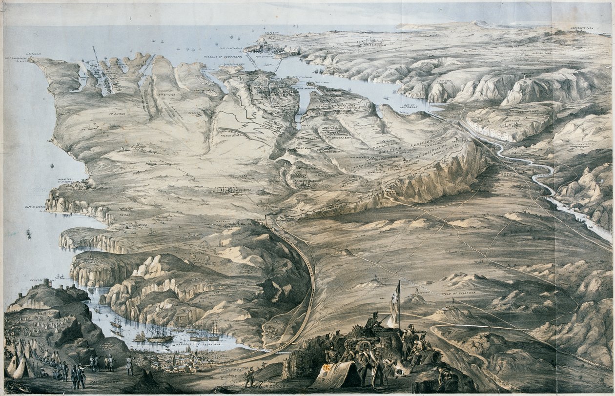 塞瓦斯托波尔之前英法联军防御工事的全景图（石版画，有色） 作者 托马斯·帕克