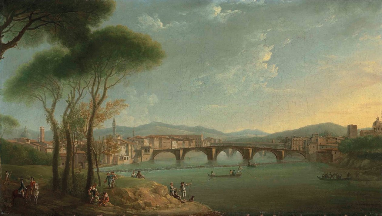 从卡斯金花园（Cascine Gardens）欣赏佛罗伦萨亚诺（Arno）的景色，人物垂钓并搁在前景的岩石，蓬塔阿拉卡里塔（Ponte allaCarità）和维琪奥桥（Ponte Vecchio）上 作者 托马斯·帕奇
