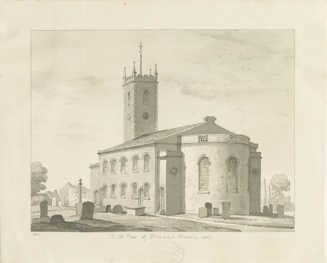布莱克斯威奇教堂（Bloxwich Church）：棕褐色绘图，1837年 作者 托马斯·佩普洛伍德