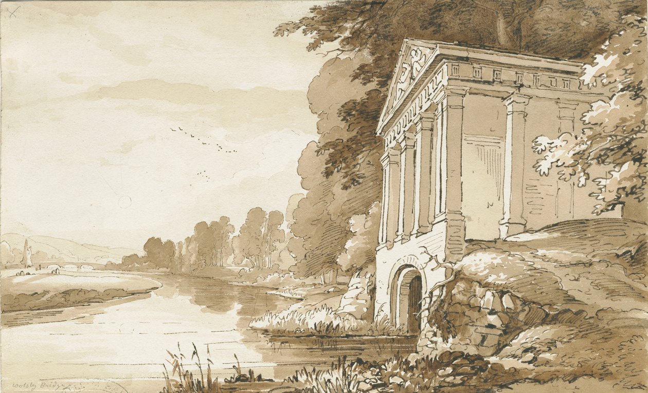 科尔维奇-沃尔斯利大桥附近的神庙：棕褐色水洗图，nd [1837-1838]（绘制） 作者 托马斯·佩普洛伍德