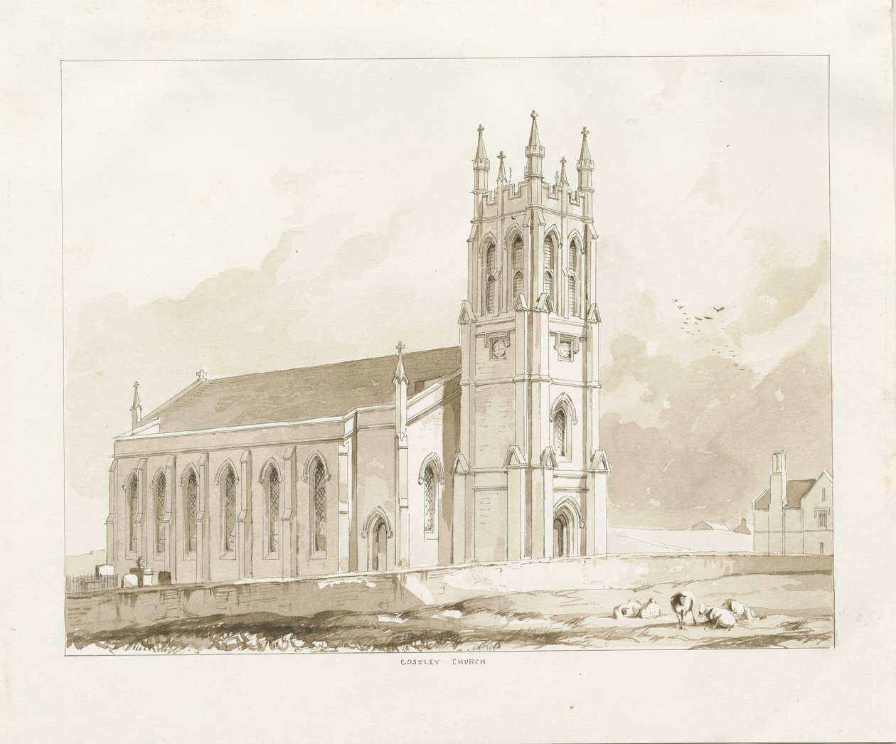 科斯利教堂（Coseley Church）：棕褐色水洗图，[1841] 作者 托马斯·佩普洛伍德
