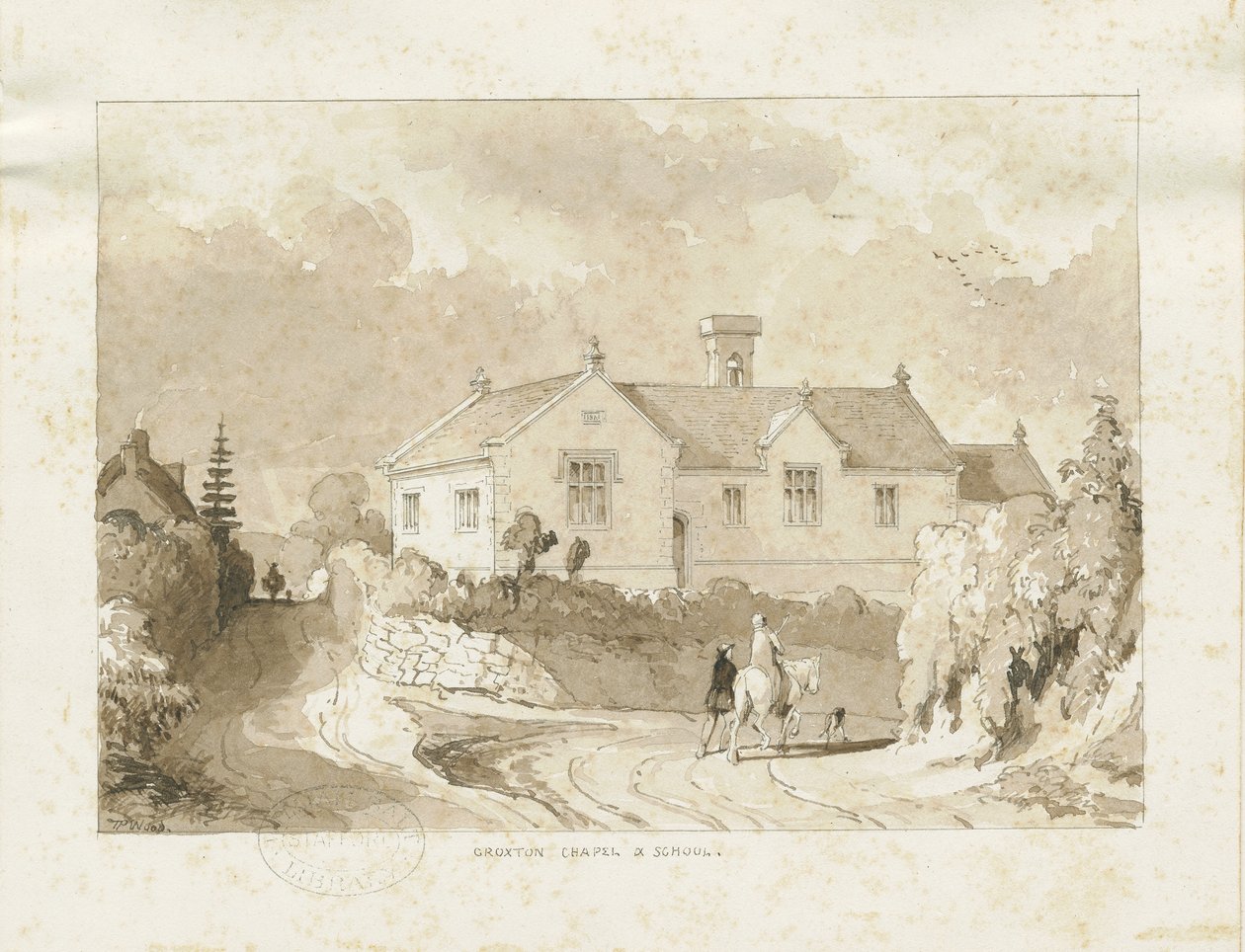 克罗斯登 - 教堂和学校：棕褐色水洗图，nd [1817-1845]（图画） 作者 托马斯·佩普洛伍德