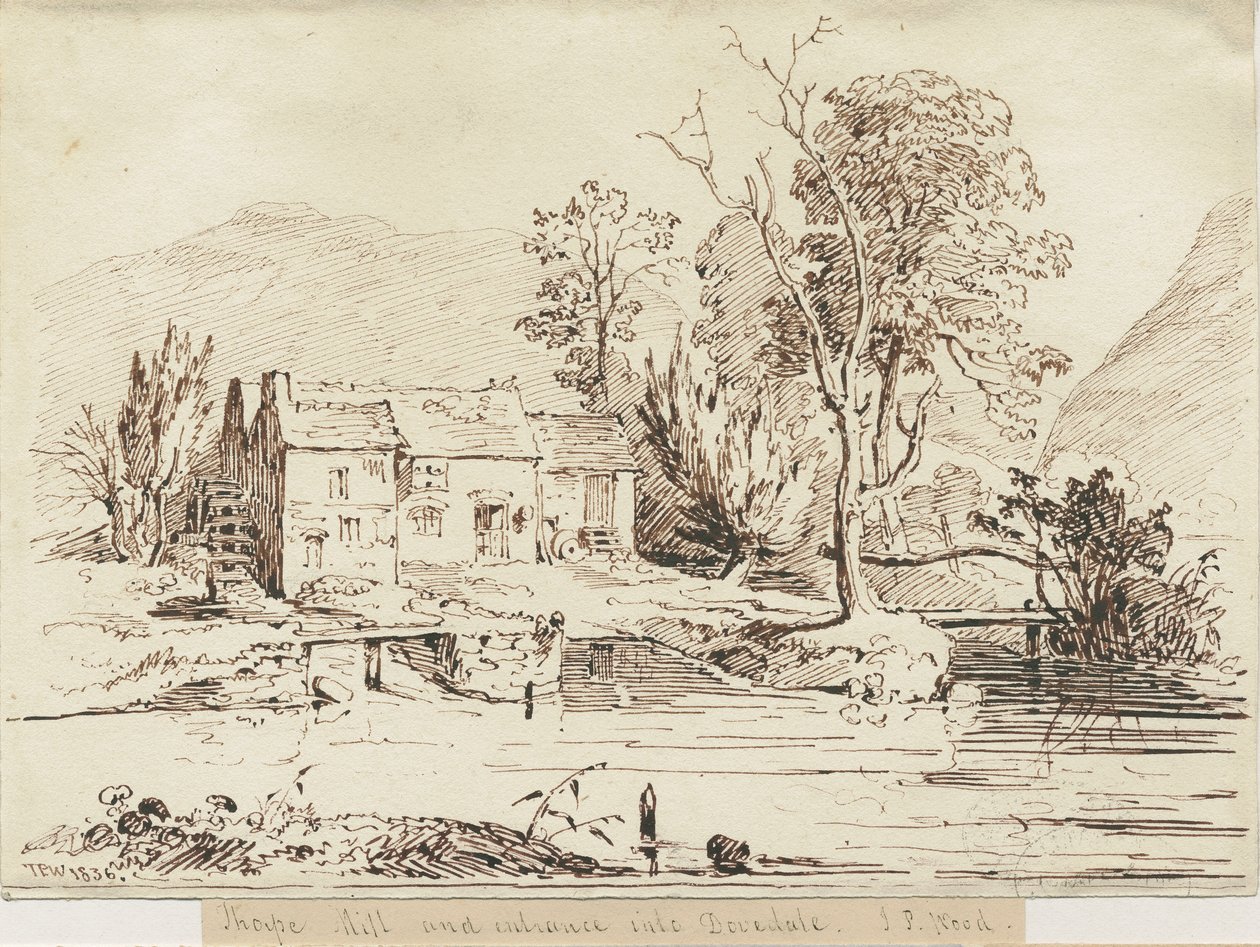 Dovedale-Thorpe Mill：钢笔和棕褐色绘图 作者 托马斯·佩普洛伍德
