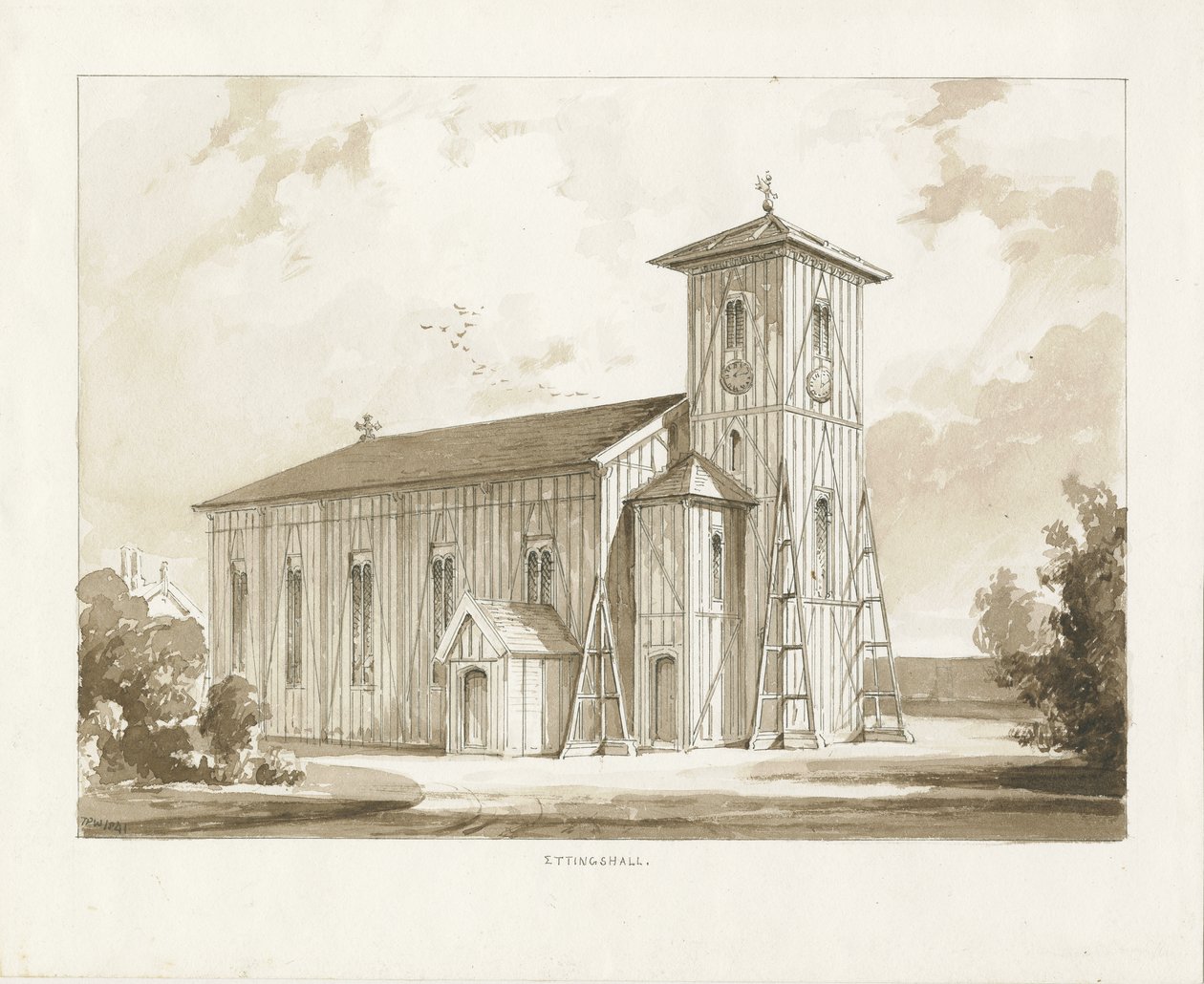 Ettingshall教堂：棕褐色水墨画，1841年 作者 托马斯·佩普洛伍德