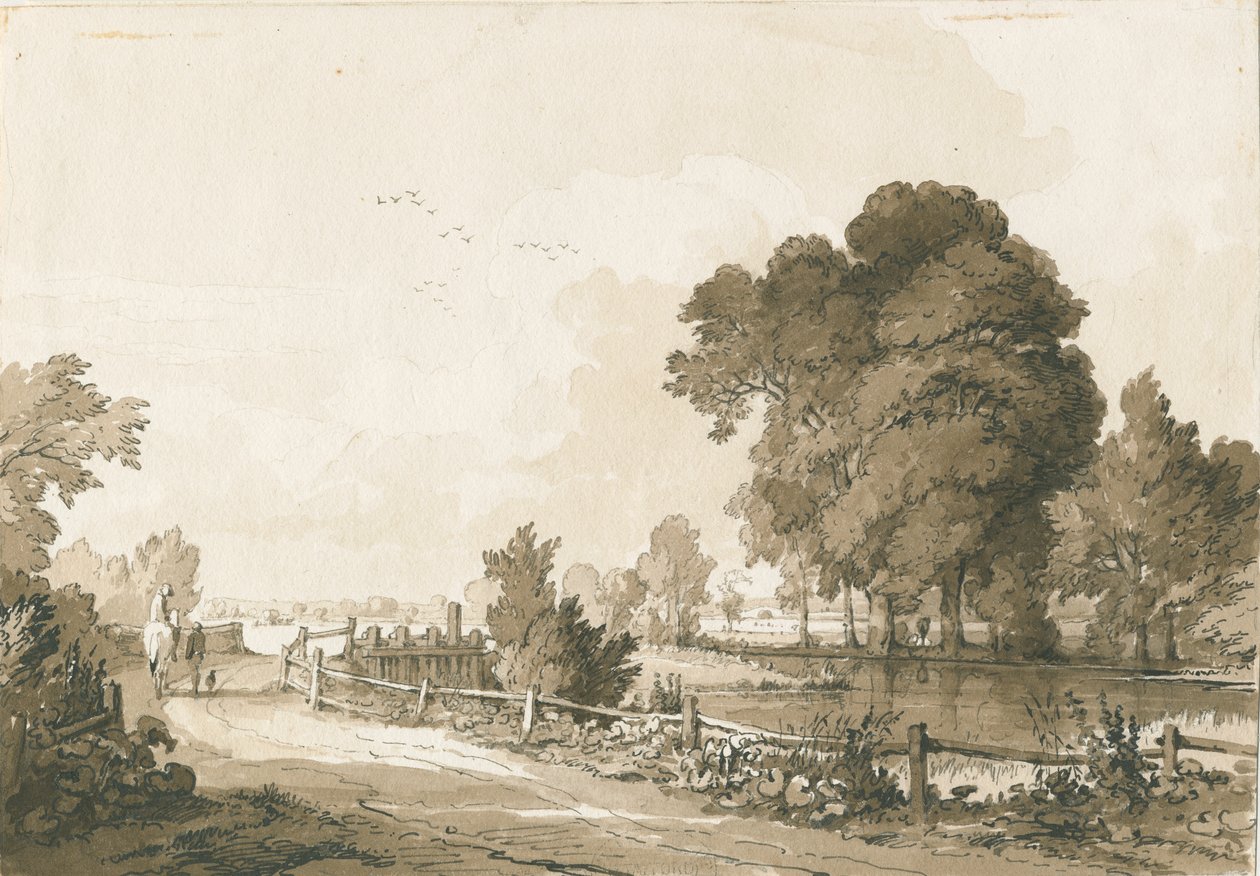 大海伍德-特伦特河上的闸门：钢笔和棕褐色绘画，1838年7月17日 作者 托马斯·佩普洛伍德