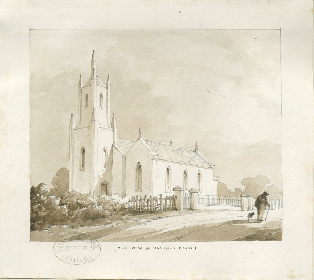 汉福德教堂（Hanford Church）：铅笔和水墨画，nd [？1838]（绘画） 作者 托马斯·佩普洛伍德