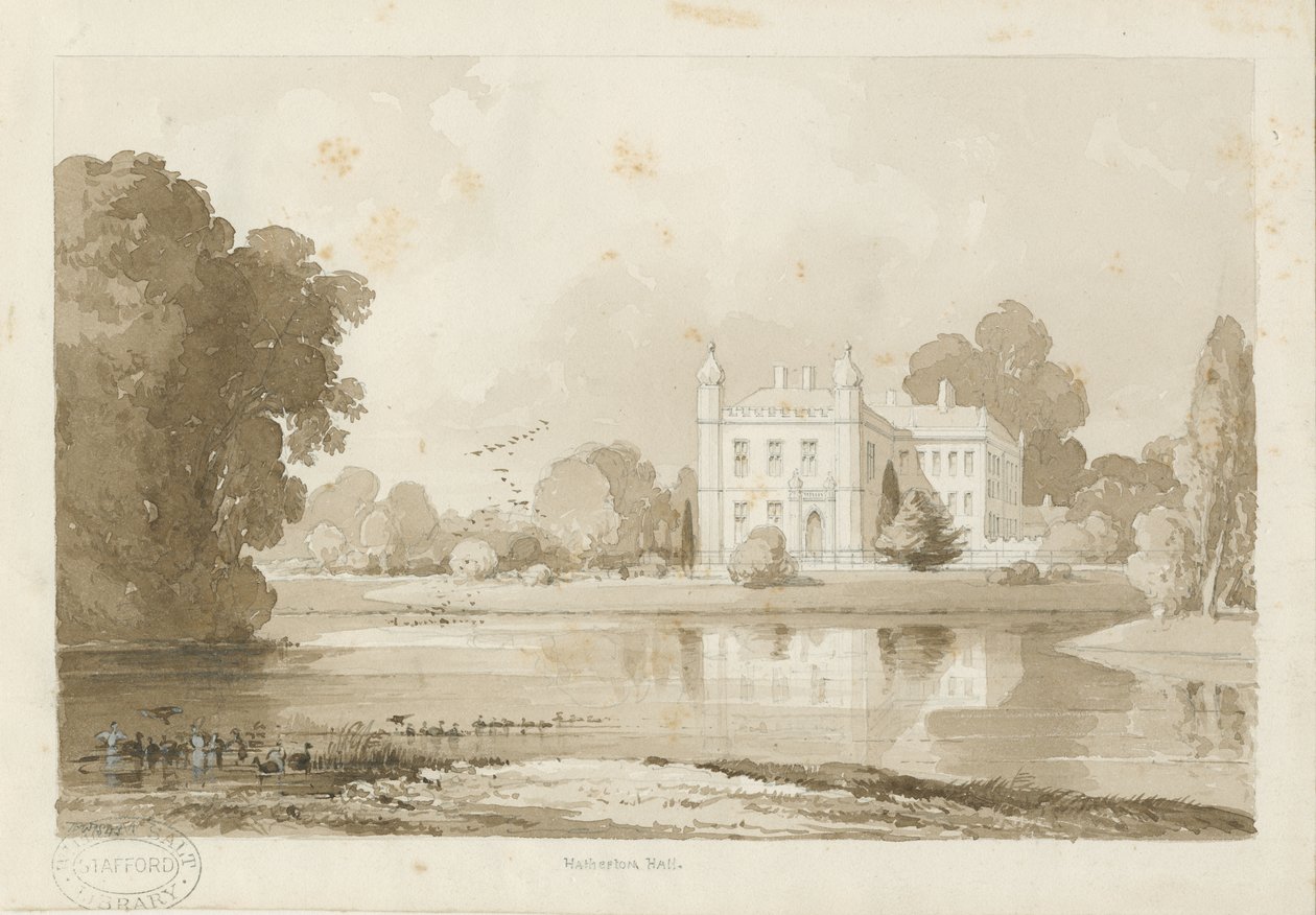 赫瑟顿堂（Hatherton Hall）：棕褐色绘图，1843年 作者 托马斯·佩普洛伍德