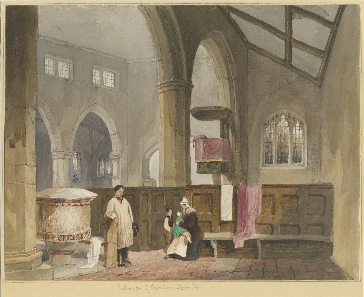 Standon Church内部：水彩画，nd [？19世纪中叶] 作者 托马斯·佩普洛伍德