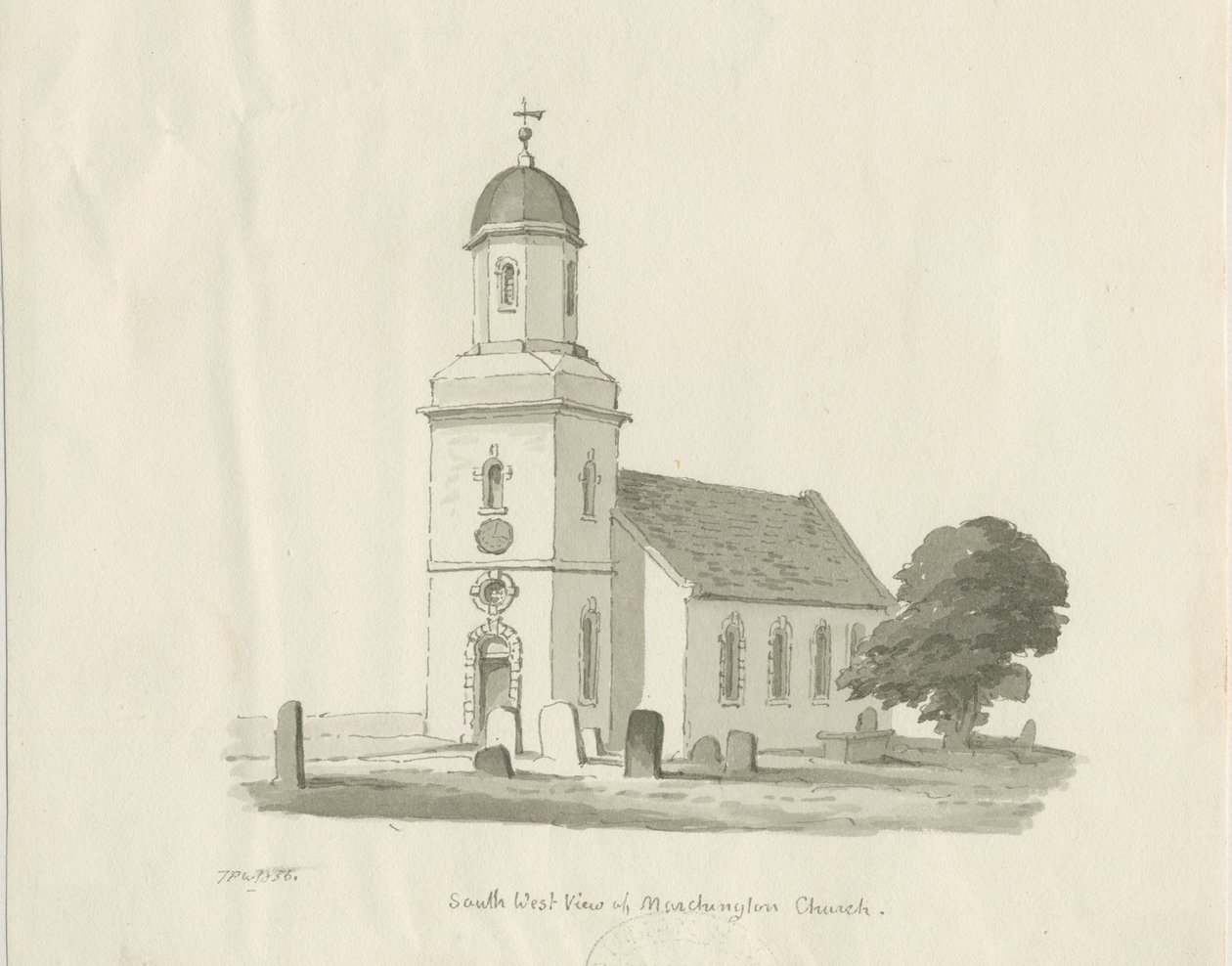 Marchington教堂：棕褐色水墨画，1836年 作者 托马斯·佩普洛伍德
