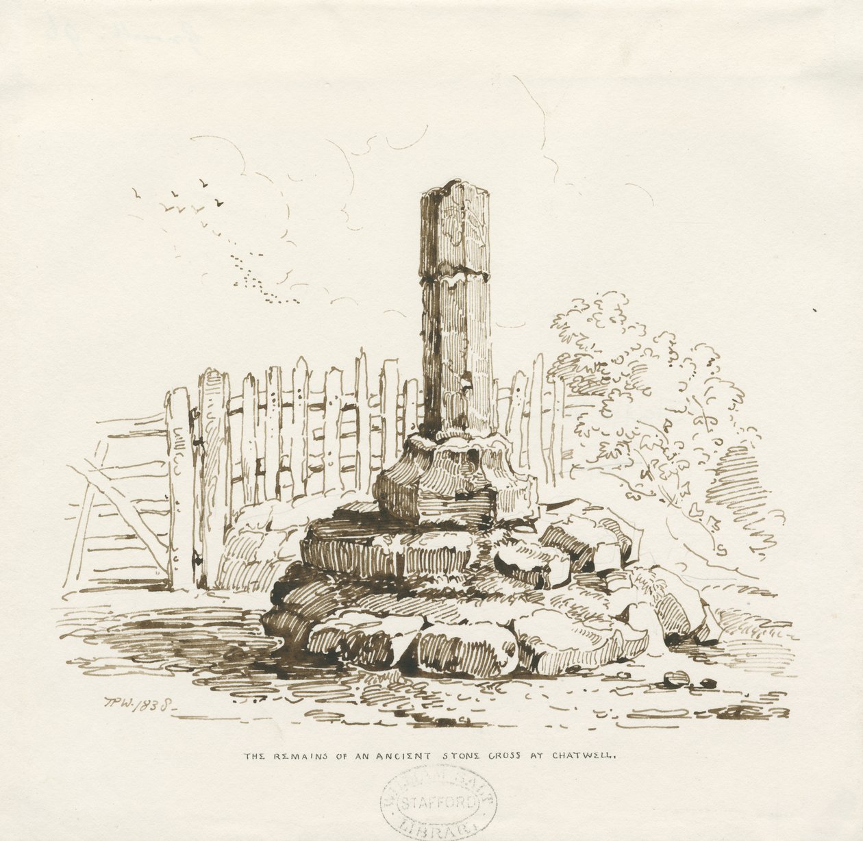 摩顿-石十字架遗留在查韦尔：钢笔画，1838年 作者 托马斯·佩普洛伍德