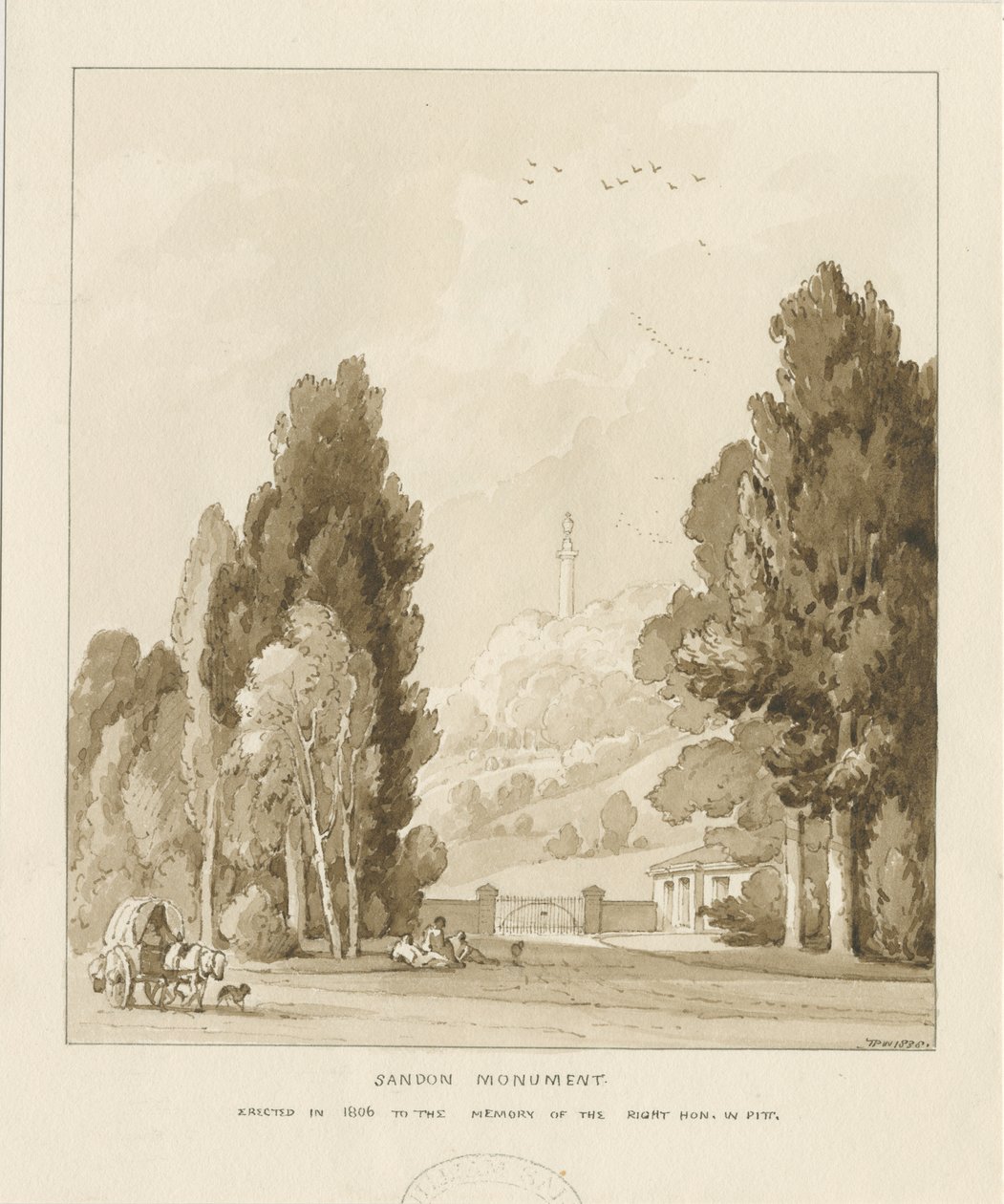 桑顿-威廉·皮特纪念碑：棕褐色水墨画，1838年 作者 托马斯·佩普洛伍德