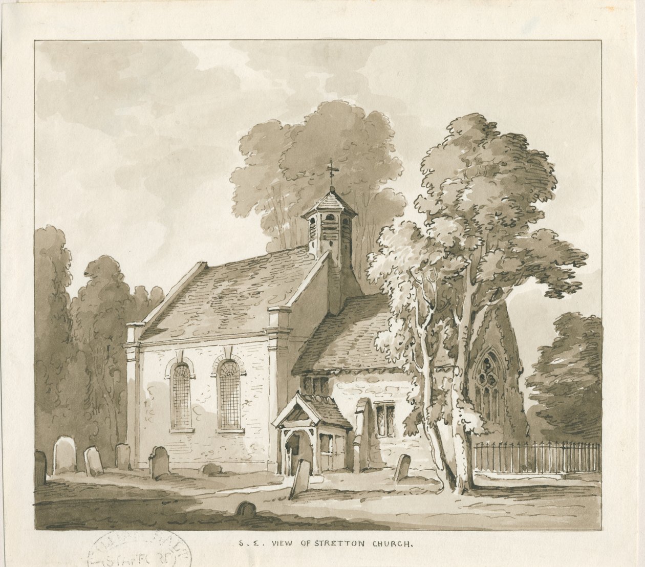 斯特雷顿教堂（Stretton Church）：棕褐色水洗图，[1838年] 作者 托马斯·佩普洛伍德