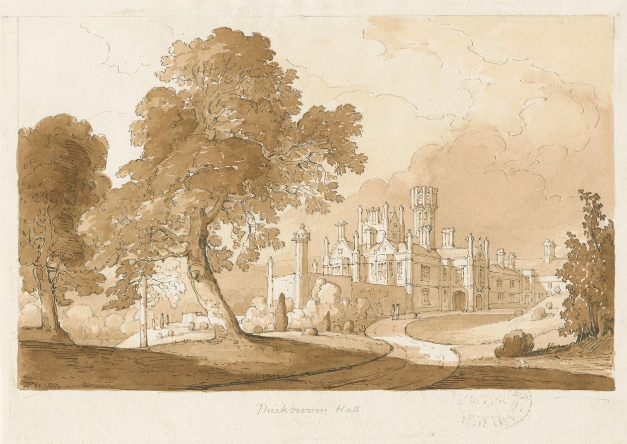“ Thickbroom Hall” [Manley Hall]：棕褐色水墨画，1837年 作者 托马斯·佩普洛伍德