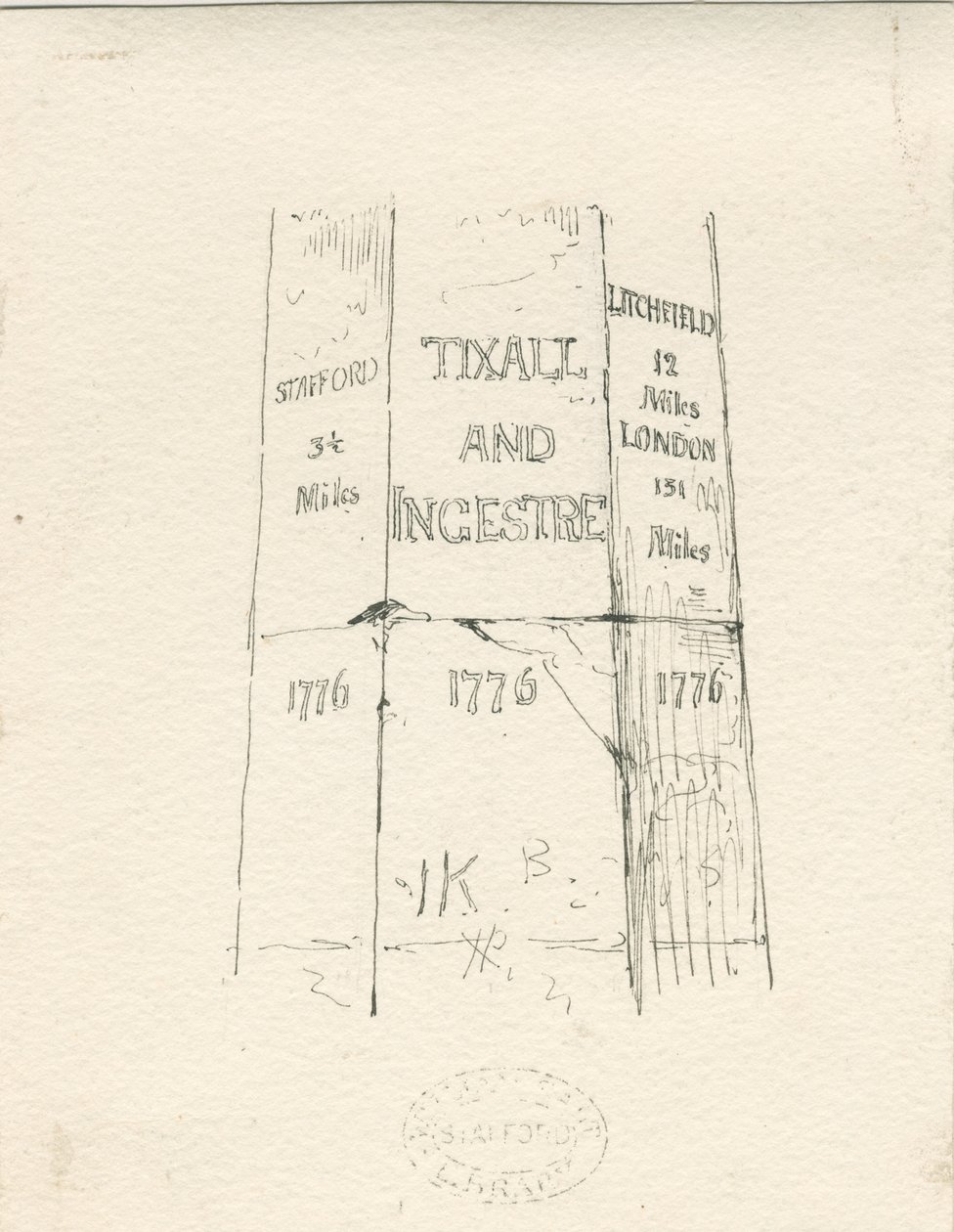 蒂克斯（Tixall）-显示里程的石柱：钢笔和墨水绘画，nd [19世纪中叶]（绘画） 作者 托马斯·佩普洛伍德