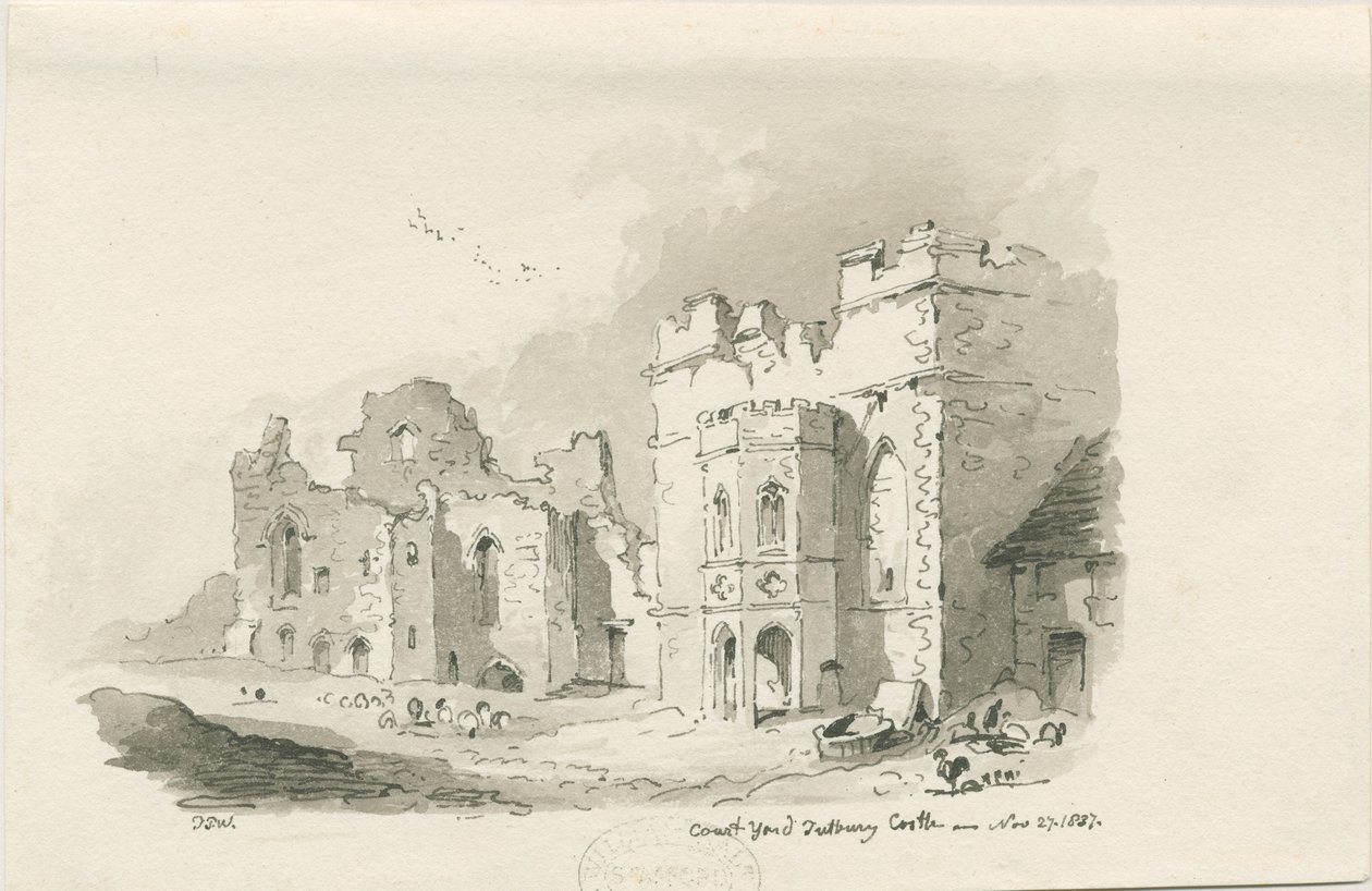 图特伯里城堡（Tutbury Castle）-院子：水笔画，1837年11月27日 作者 托马斯·佩普洛伍德