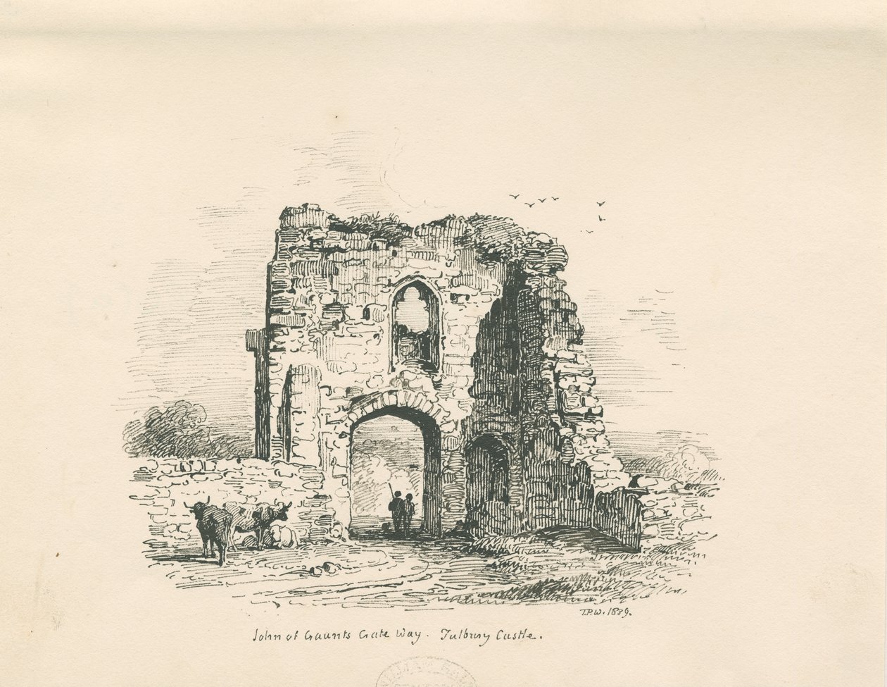 图特伯里城堡-约翰·冈特之门：钢笔和水墨画，1839年 作者 托马斯·佩普洛伍德