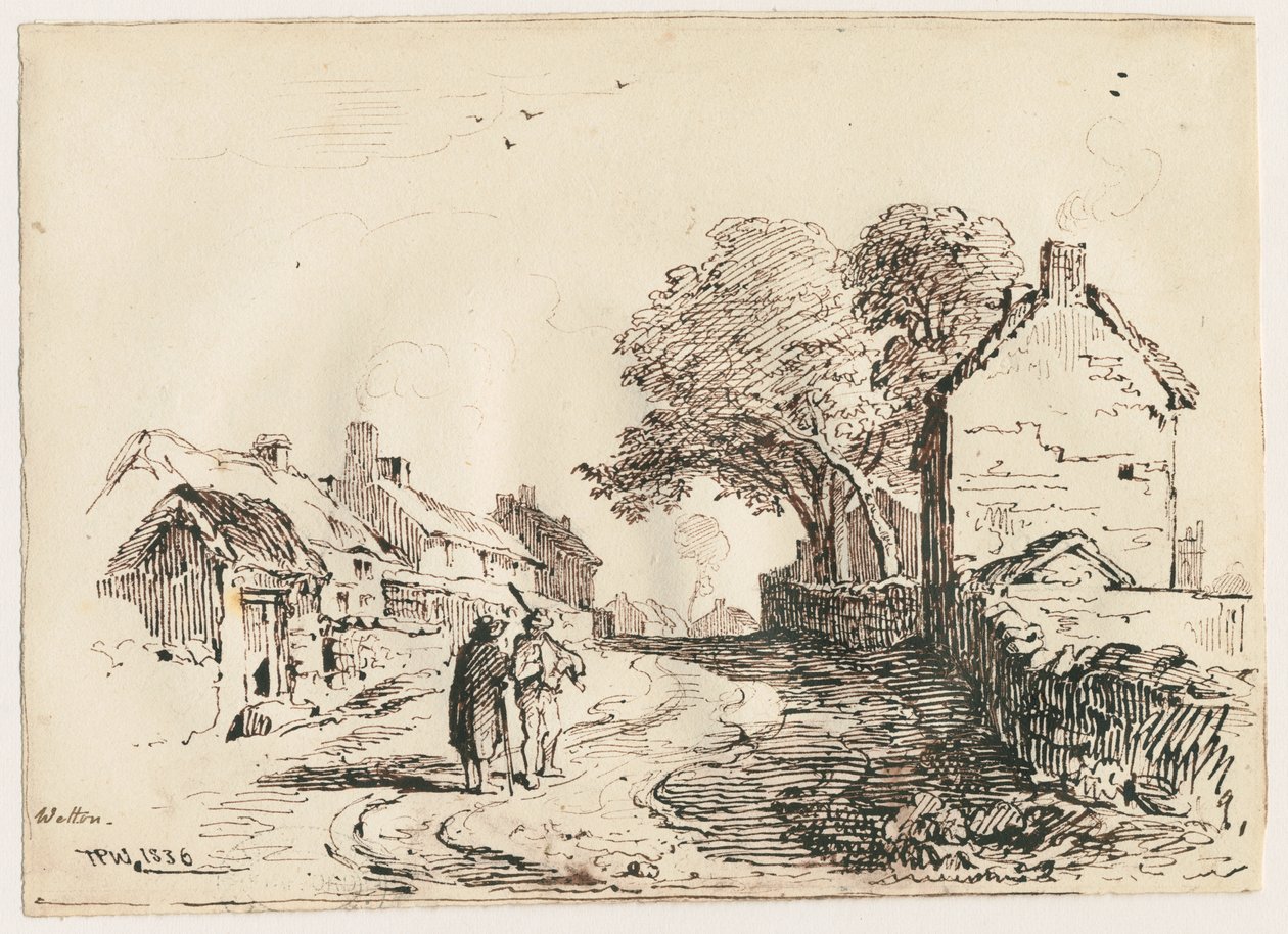 湿顿-乡村街：钢笔和墨水绘画，1836年 作者 托马斯·佩普洛伍德