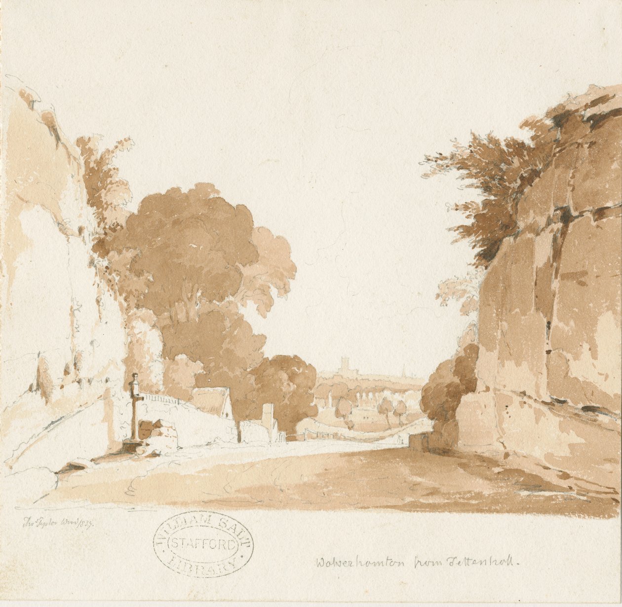 沃尔夫汉普顿（Wolverhampton）-Tettenhall的远景：棕褐色绘画，1837年 作者 托马斯·佩普洛伍德