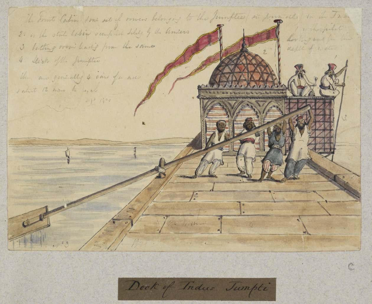 Indus Jumpti 的甲板。T.P.1841"。描绘信德、卡奇和孟买的服饰、职业、风景和建筑的 212 幅素描和 11 幅石版画专辑》中的四名男子划着巨桨 作者 托马斯·波斯坦斯