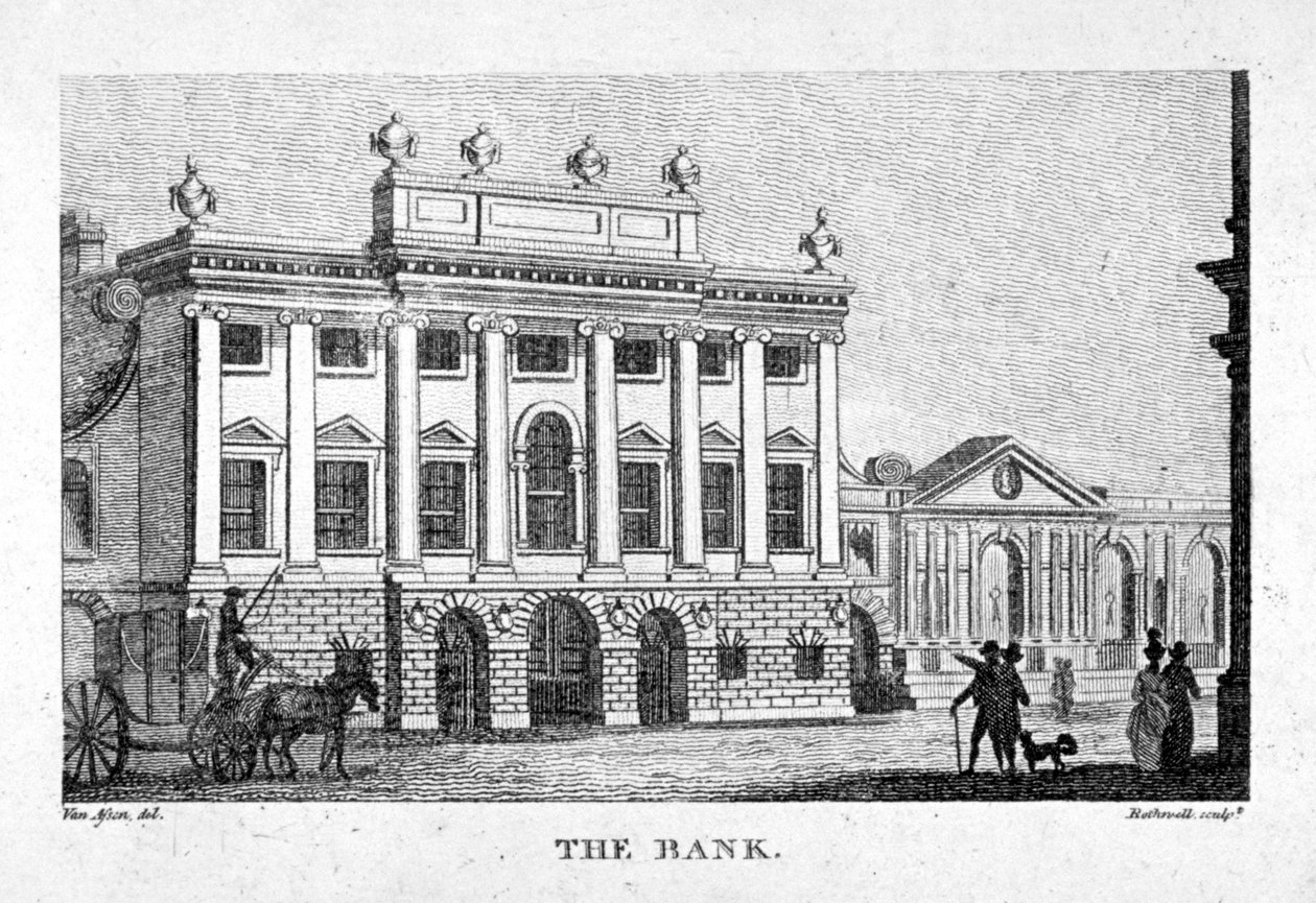 英格兰银行，伦敦市，约1800年。           作者 托马斯·罗斯威尔