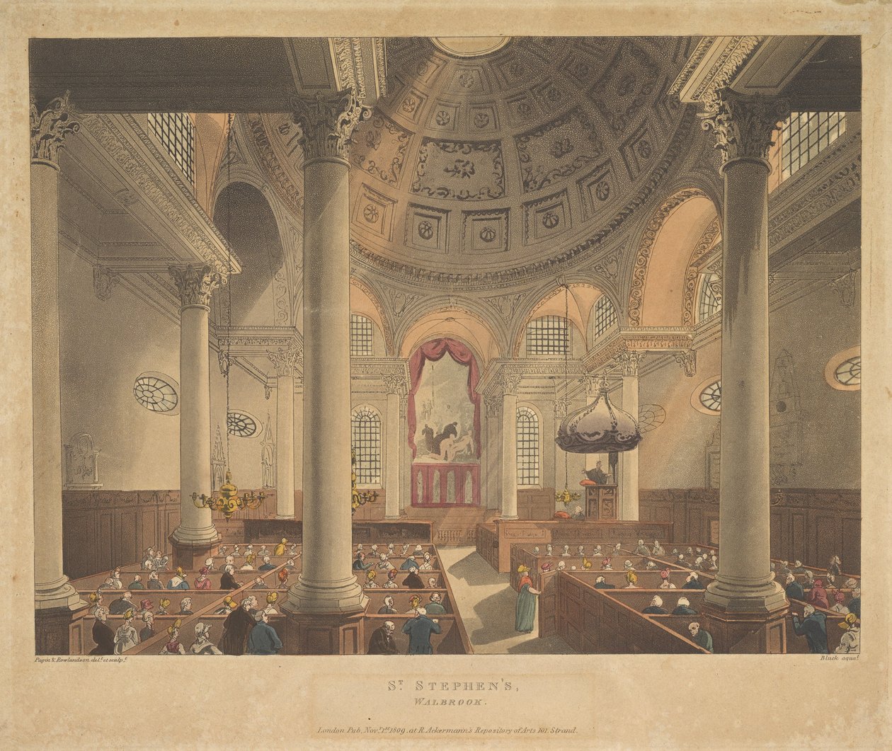 圣斯蒂芬的沃尔布鲁克，1809年11月1日。创造者：Thomas Rowlandson, Augustus Charles Pugin, J. Bluck. 作者 托马斯·罗兰森、奥古斯都·查尔斯·普金、J·布莱克