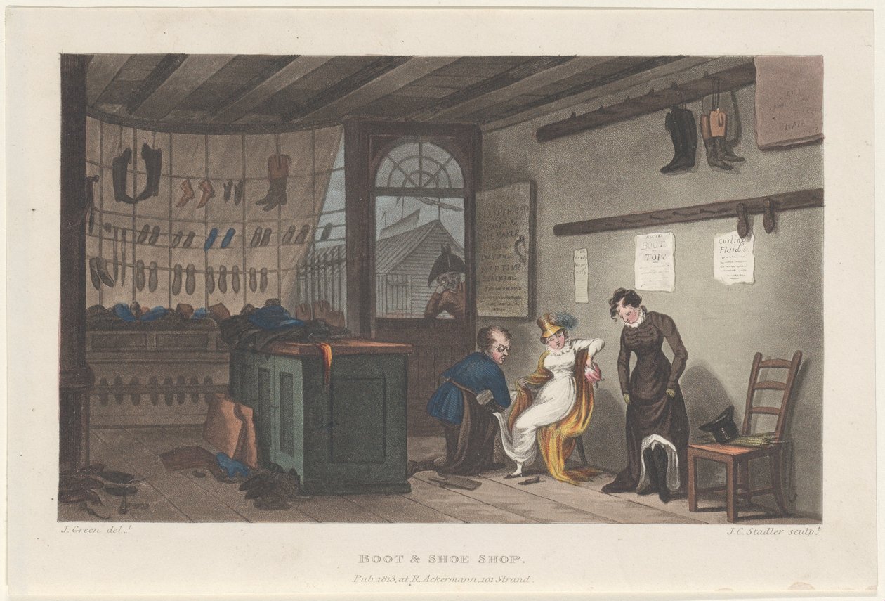 皮靴和鞋店，选自斯卡伯勒的诗意素描，1813年。创作者：Thomas Rowlandson, Joseph Constantine Stadler, J. Bluck. 作者 托马斯·罗兰森、约瑟夫·康斯坦丁·斯塔德勒、J Bluck