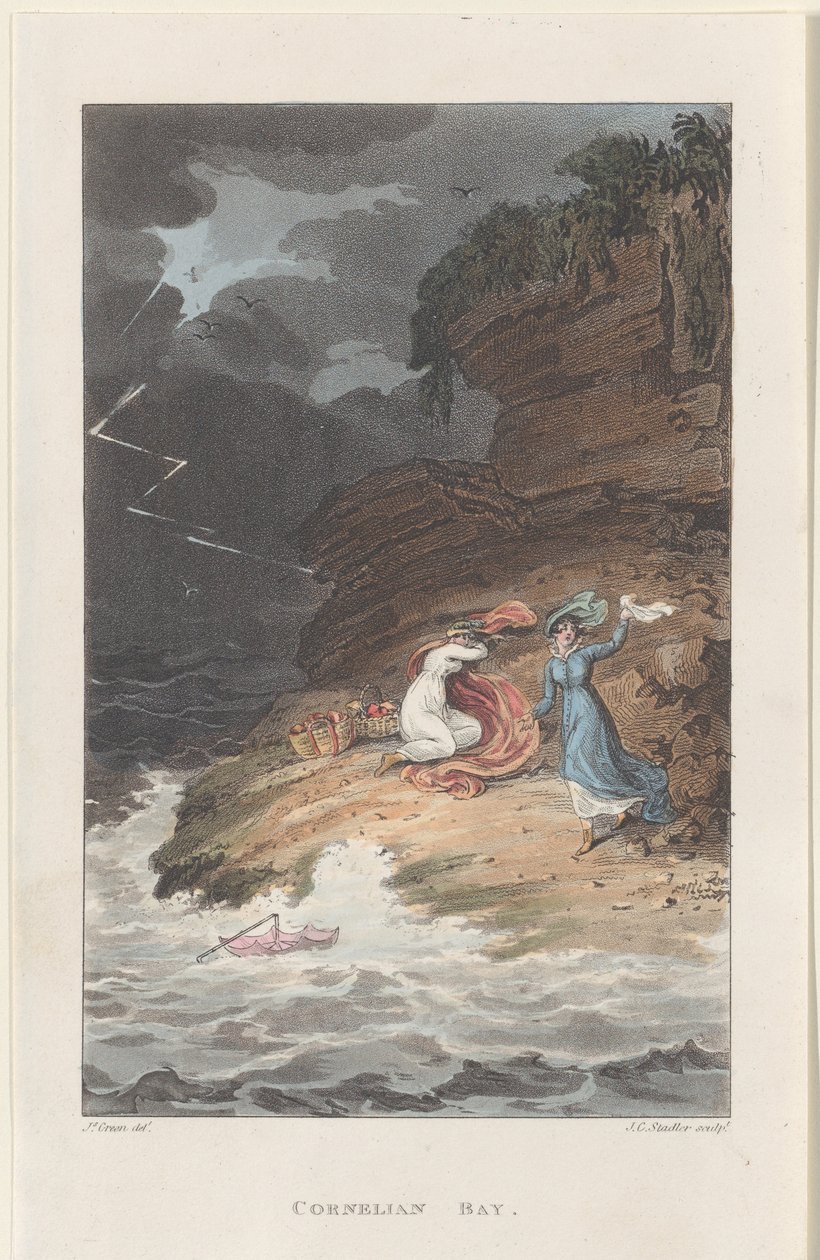 科尼利亚湾，来自斯卡伯勒的诗意素描，1813年。创作者：Thomas Rowlandson, Joseph Constantine Stadler, J. Bluck. 作者 托马斯·罗兰森、约瑟夫·康斯坦丁·斯塔德勒、J Bluck
