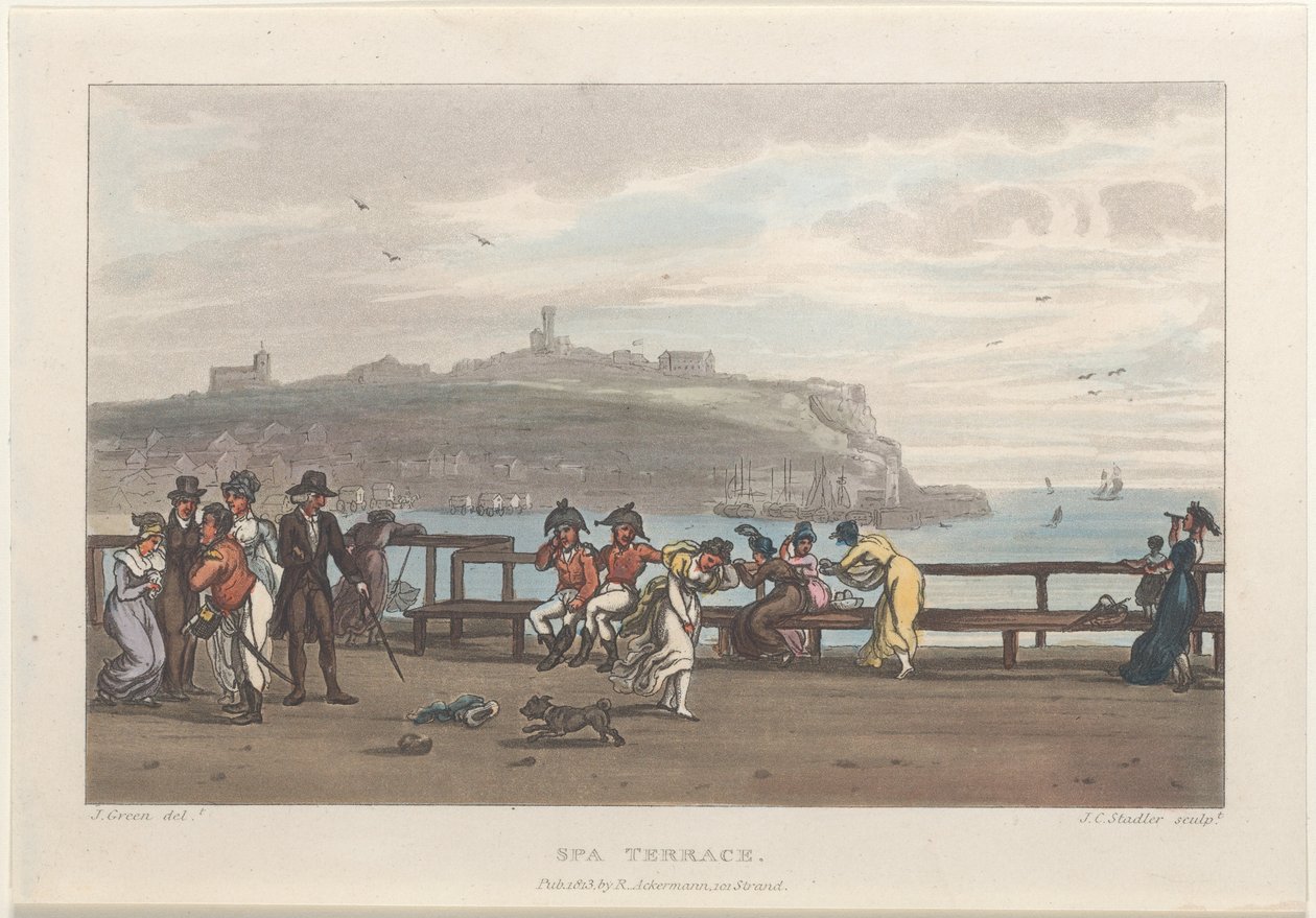温泉台，摘自斯卡伯勒的诗意素描，1813年。创作者：Thomas Rowlandson, Joseph Constantine Stadler, J. Bluck. 作者 托马斯·罗兰森、约瑟夫·康斯坦丁·斯塔德勒、J Bluck