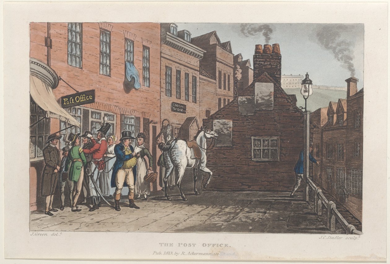 邮局，摘自《斯卡伯勒诗篇》，1813年。创作者：Thomas Rowlandson, Joseph Constantine Stadler, J. Bluck. 作者 托马斯·罗兰森、约瑟夫·康斯坦丁·斯塔德勒、J Bluck