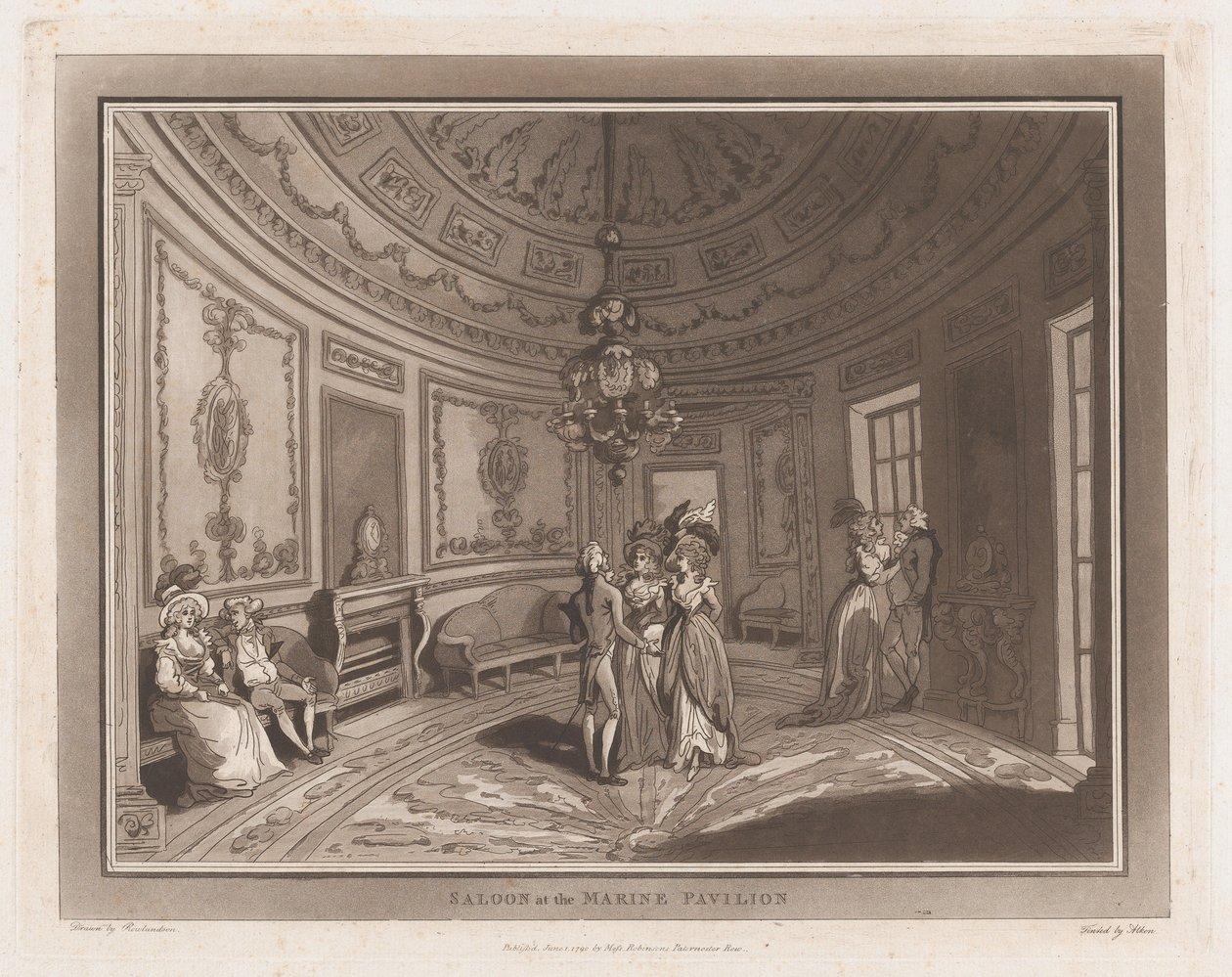 Saloon at the Marine Pavillion An Excursion to Brighthelmstone, June 1, 1790., June 1, 1790.创作者：Thomas Rowlandson, Samuel Alken. 作者 托马斯·罗兰森，塞缪尔·阿尔肯
