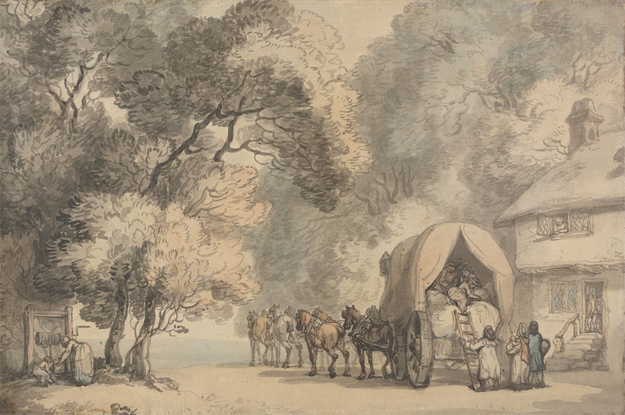 旅馆外的购物车，约1785-90年（钢笔墨水和水彩纸上） 作者 托马斯·罗兰森
